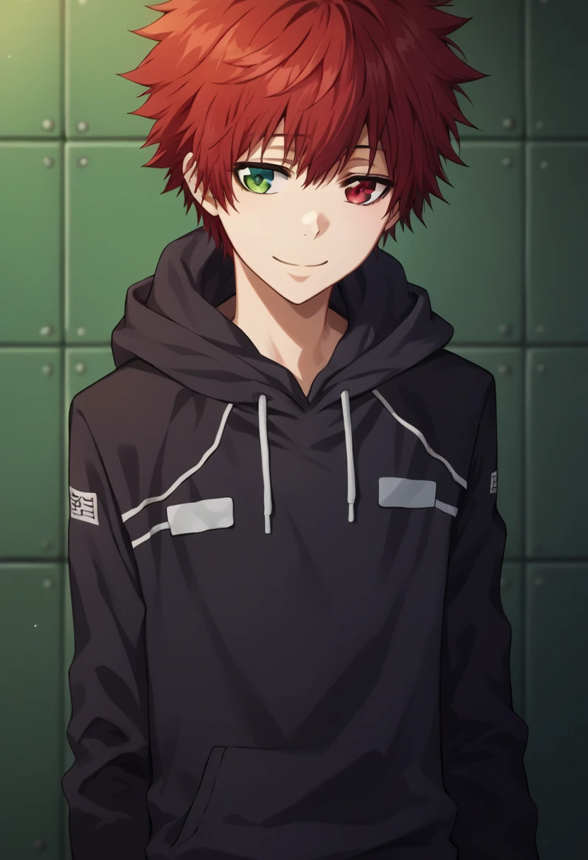 score_9, score_8_up, score_7_up, score_6_up, highly detailed, masterpiece, best quality,detailed,intricate details, amazing quality, best aesthetic, absurdres,source_anime,1 boy,Enma_hyper,red hair,heterochromia,red eye, green eye,Long nape hair,smile,black hoodie clothes with hood