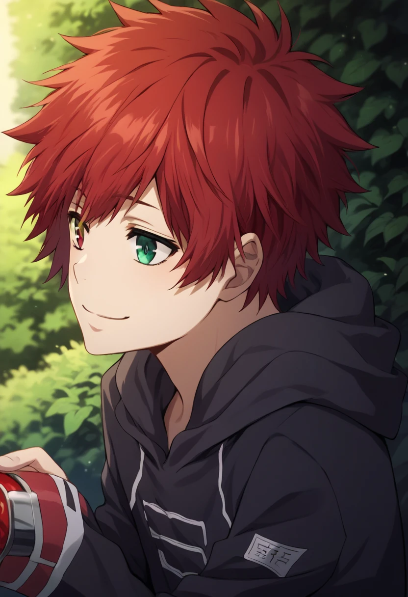 score_9, score_8_up, score_7_up, score_6_up, highly detailed, masterpiece, best quality,detailed,intricate details, amazing quality, best aesthetic, absurdres,source_anime,1 boy,Enma_hyper,red hair,heterochromia,red eye, green eye,Long nape hair,smile,black hoodie clothes with hood