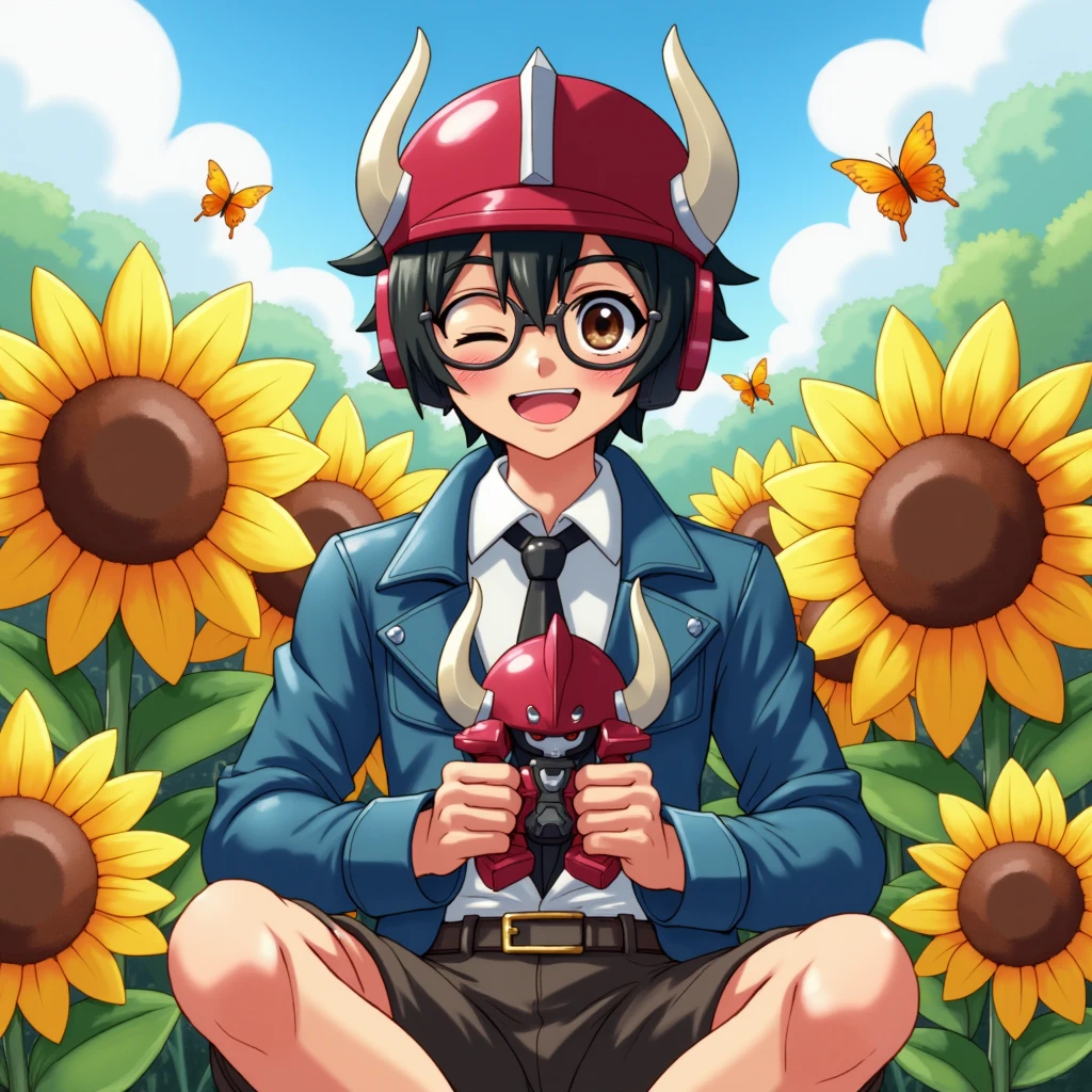 An anime-style cheerful young man with black hair, dark brown round eyes with dark circles around eyes, and a lively expression wearing glasses and maroon red armor helmet with headphone. He is sitting outdoors in a bright and sunny sunflower garden, holding a small horned viking golem robot with pride. The character is dressed in a white shirt, with blue jeans jacket, a black tie, and dark grey brown chino shorts. The illustration features vibrant, exaggerated cartoon colors, with sunflowers surrounding him, a big giant megaman-like robot, and butterflies flying around. The young man appears with a strong and confident posture, creating a fun and joyful cartoon aesthetic. Smiling, blushing a little bit, and winking one eye.