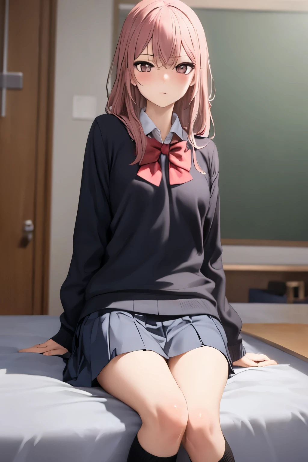 ((best quality)), ((masterpiece)), (detailed), Sajuna Inui, looking at the viewer, small breasts, long hair, pink hair, school uniform