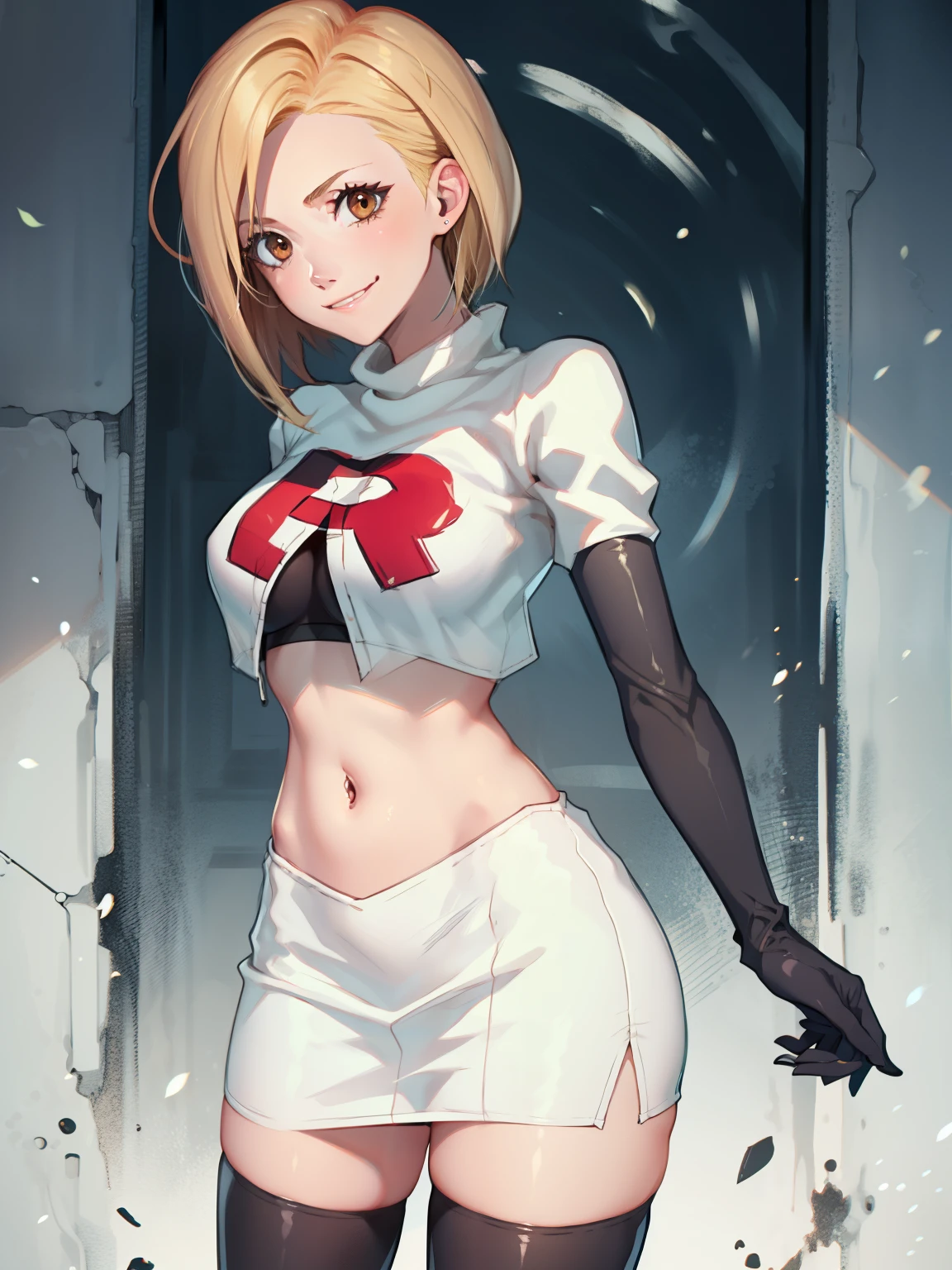 ZeldaTOTK, team rocket,team rocket uniform, red letter R, white skirt,white crop top,black thigh-highs,black elbow gloves, sinister villianess look,