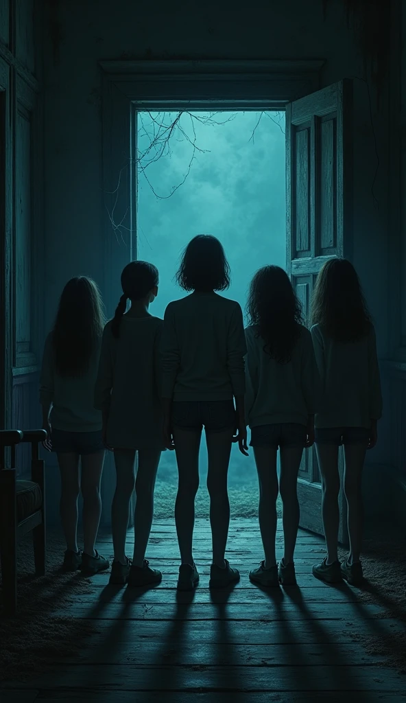 Prompt: "A haunting, final glimpse of the group of friends as they are enveloped by the darkness inside the haunted house. Their faces are filled with terror, illuminated only by the faint glow of a flashlight. Behind them, the shadows seem to close in, and the house’s door is seen firmly shut, trapping them inside forever."