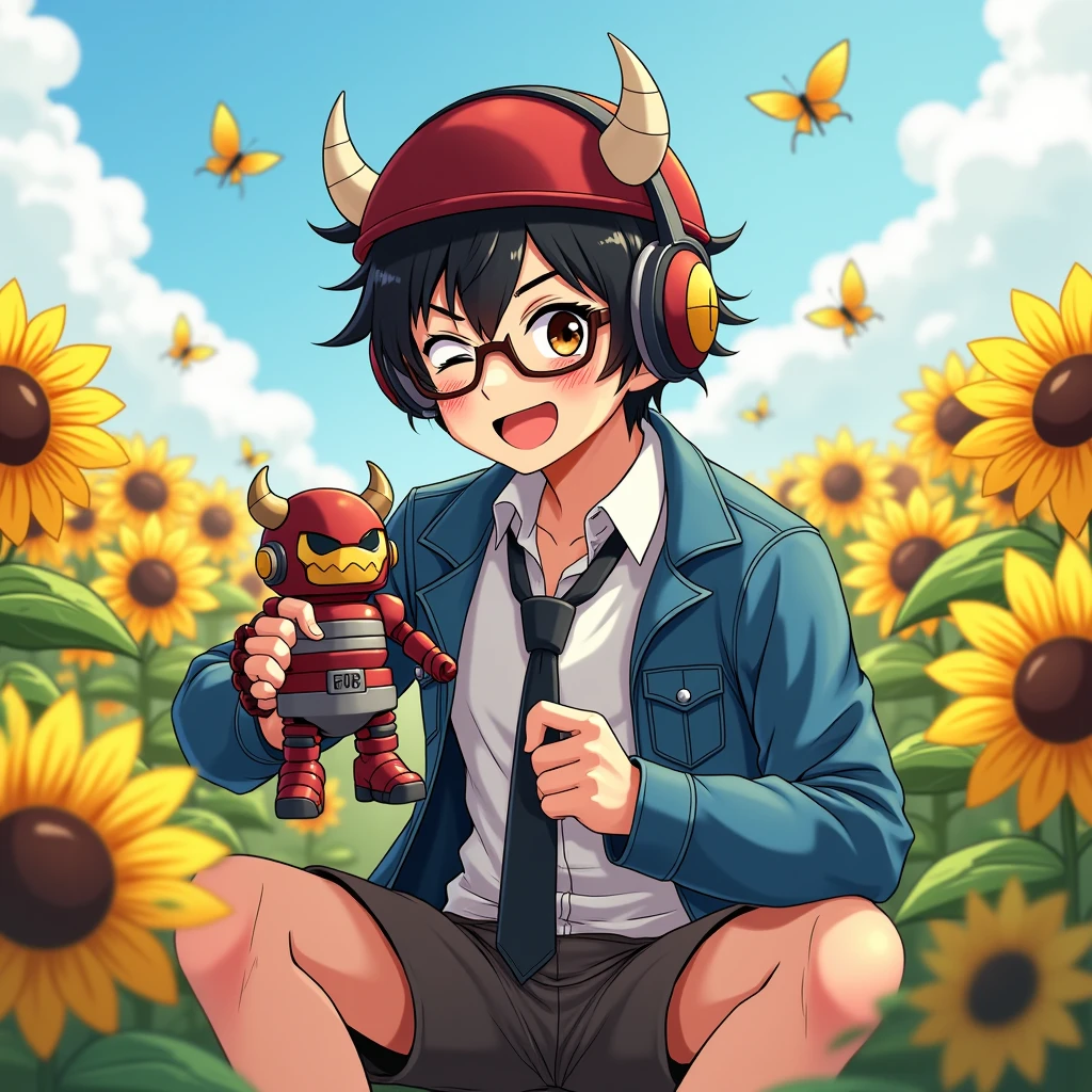 An anime-style cheerful young man with black hair, dark brown round eyes with dark circles around eyes, and a lively expression wearing glasses and maroon red armor helmet with headphone. He is sitting outdoors in a bright and sunny sunflower garden, holding a small horned viking golem robot with pride. The character is dressed in a white shirt, with blue jeans jacket, a black tie, and dark grey brown chino shorts. The illustration features vibrant, exaggerated cartoon colors, with sunflowers surrounding him, a big giant megaman-like robot, and butterflies flying around. The young man appears with a strong and confident posture, creating a fun and joyful cartoon aesthetic. Smiling, blushing a little bit, and winking one eye.