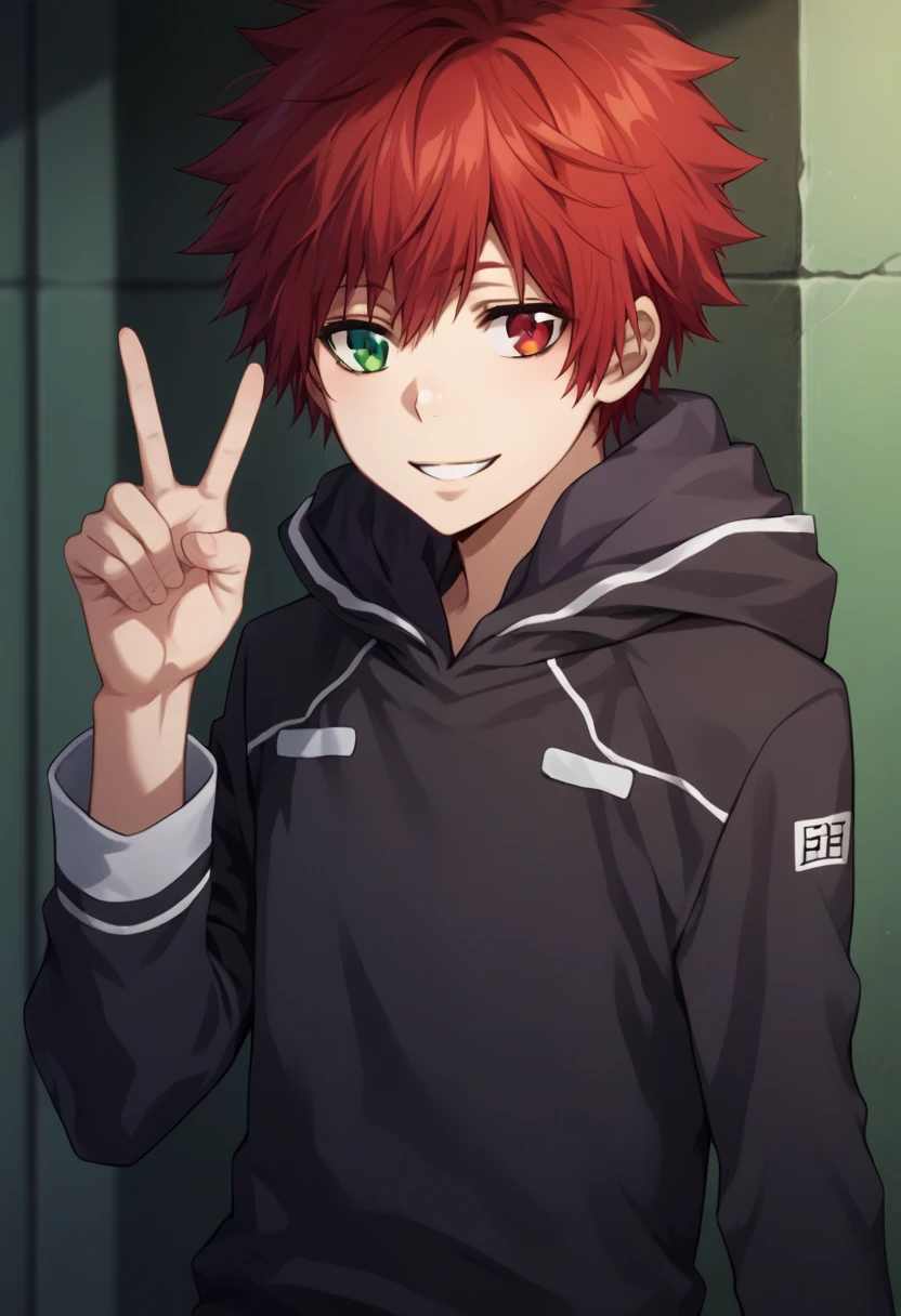 score_9, score_8_up, score_7_up, score_6_up, highly detailed, masterpiece, best quality,detailed,intricate details, amazing quality, best aesthetic, absurdres,source_anime,1 boy,Enma_hyper,red hair,heterochromia,red eye, green eye,Long nape hair,smile,black hoodie clothes with hood