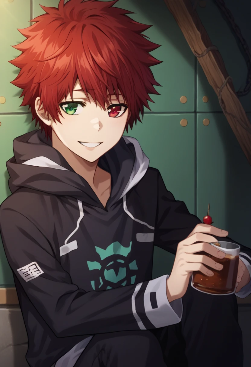 score_9, score_8_up, score_7_up, score_6_up, highly detailed, masterpiece, best quality,detailed,intricate details, amazing quality, best aesthetic, absurdres,source_anime,1 boy,Enma_hyper,red hair,heterochromia,red eye, green eye,Long nape hair,smile,black hoodie clothes with hood