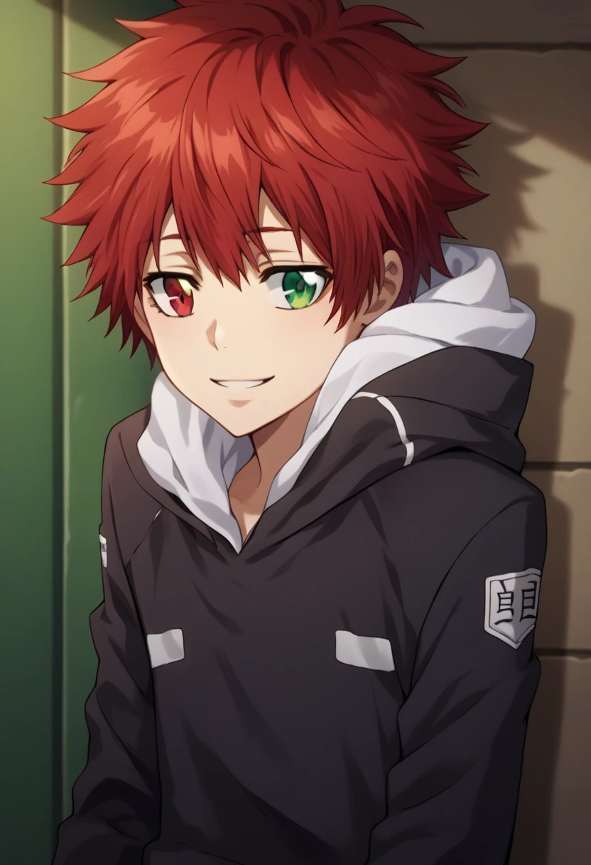 score_9, score_8_up, score_7_up, score_6_up, highly detailed, masterpiece, best quality,detailed,intricate details, amazing quality, best aesthetic, absurdres,source_anime,1 boy,Enma_hyper,red hair,heterochromia,red eye, green eye,Long nape hair,smile,black hoodie clothes with hood