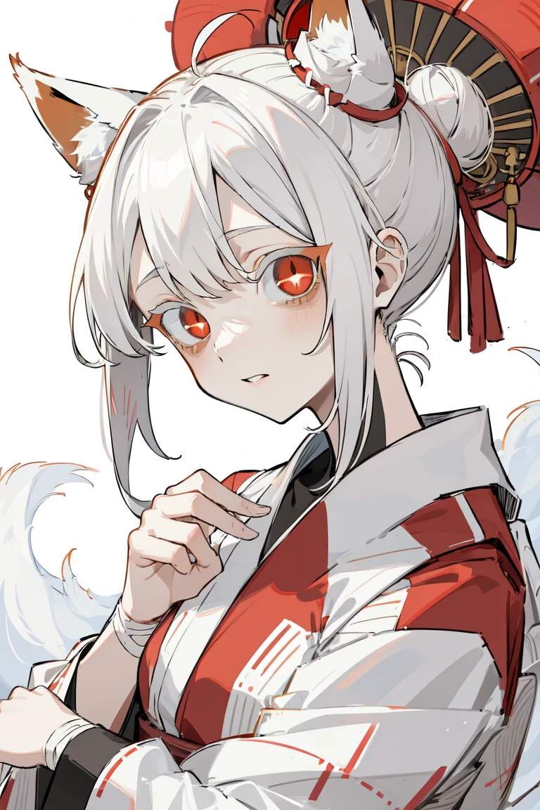 ( kitsune girl in red and white yukata,  with red eyes ,  white hair bandage on the eyes,  tied in a bun , fox white ears .