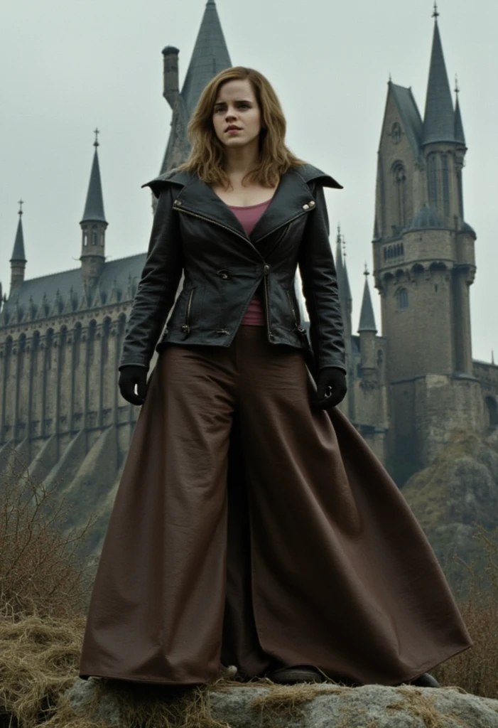 very fat woman,  hip boots ,  extremely big ass,  huge breasts ,  wearing wide brown leather pants,  wearing black leather blazer , and wearing extremely wide , cenario do castelo dw hogwords