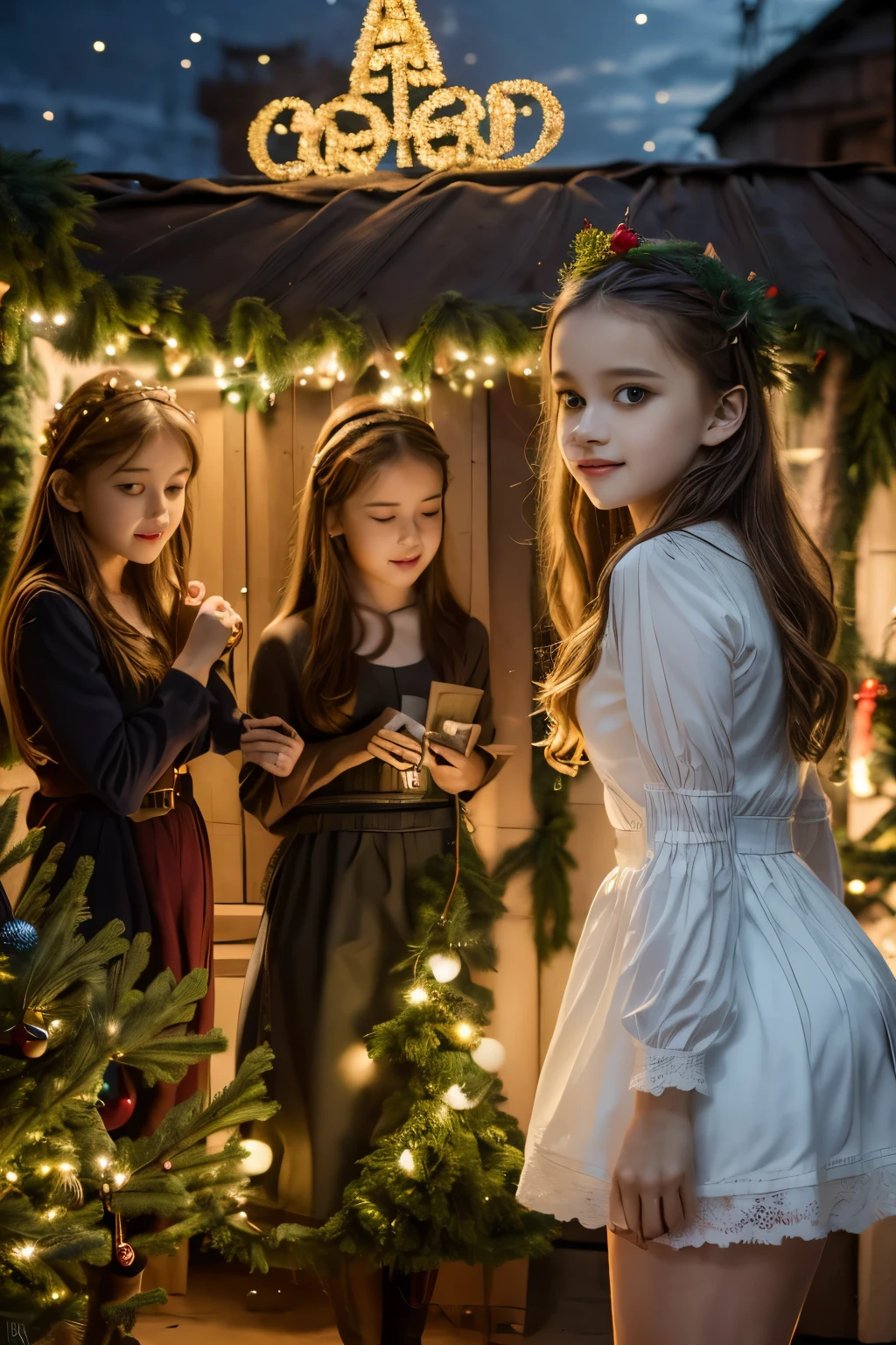 cute group of girls and boys celebrate christmas and epiphany, Christmas,Epiphany,holiday,celebration,intricate detailed lights decorations,seasonal decorations,(best quality,4k,8k,highres,masterpiece:1.2),ultra-detailed,(realistic,photorealistic,photo-realistic:1.37),HDR,professional,vivid colors,studio lighting