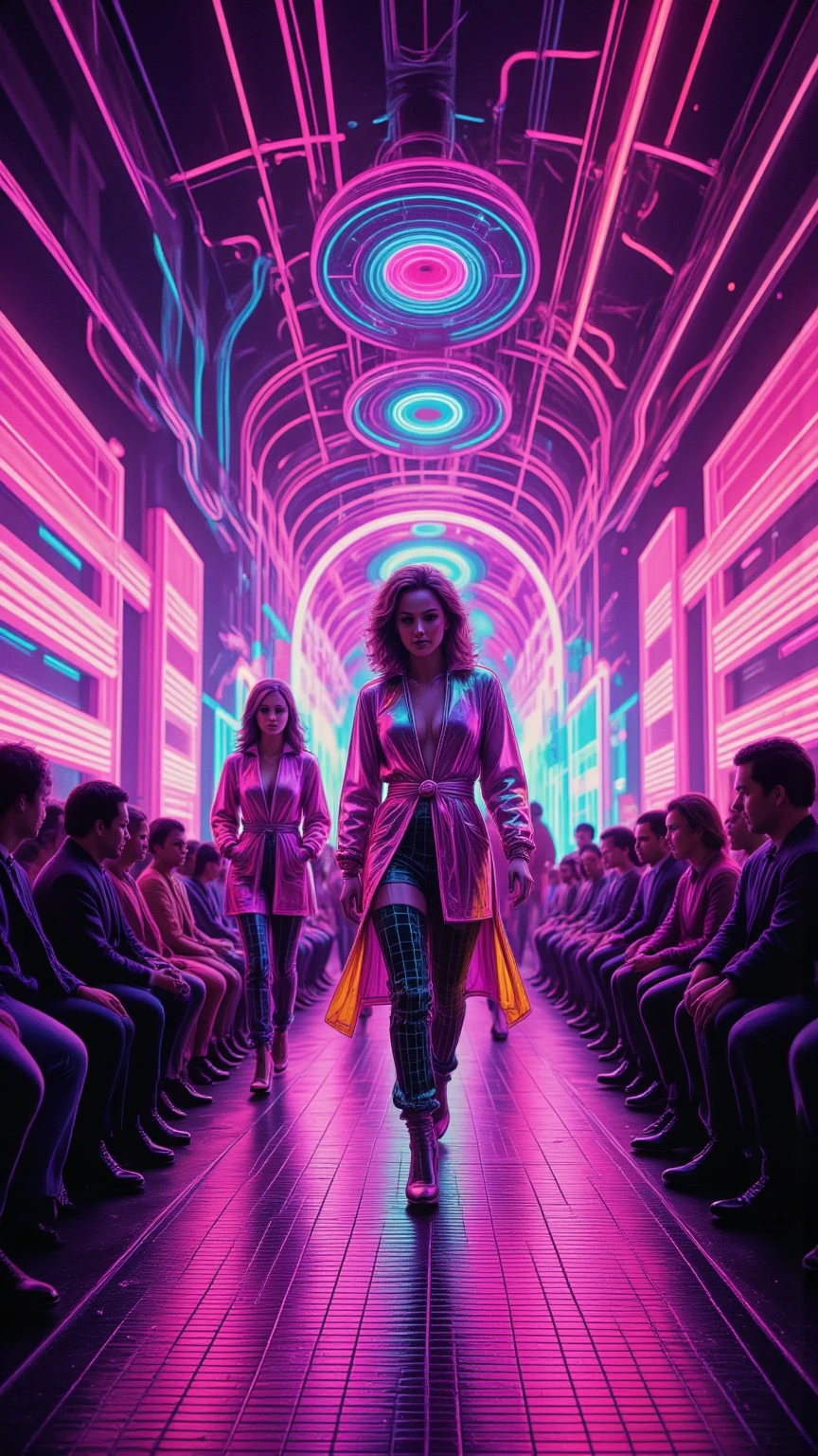 Create a hyper-realistic depiction of a vibrant 1980s music stage set against a dazzling neon cityscape. The scene features a dynamic fashion show, showcasing unique 80s style clothing, complete with bold patterns and extravagant accessories. Capture the raw emotion and excitement of the moment, with models strutting confidently under bright neon lights, surrounded by an audience immersed in the spectacle. Incorporate unusual and vibrant colors, with a backdrop of holographic elements and psychedelic designs, evoking a sense of trippy nostalgia. Include intricate details like a honeycomb pattern in the stage design, enhancing the overall atmosphere of this magical, electrifying night.