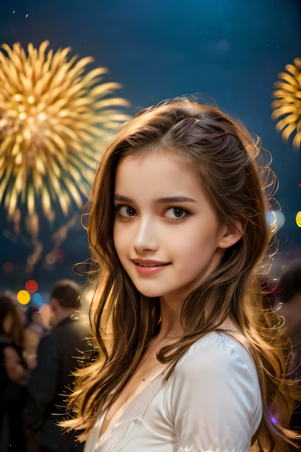 a stunning display of fireworks over a lively new year's eve , colorful explosions in the night sky, south european city,  celebration atmosphere, people enjoying the , beautiful detailed faces, intricate firework patterns, warm lighting, vibrant colors, detailed realistic rendering, high quality, cinematic composition , warm lighting, vibrant colors, cinematic lighting, award winning photo, hyper detailed, 8k, high resolution, masterpiece