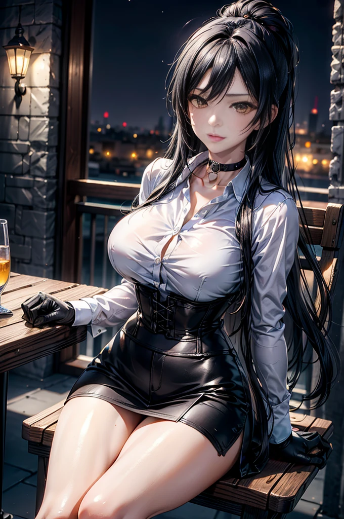  masterpiece, Superior image quality, High resolution, 4k image,photo and gross, photorealistic, whole body, 1 young teen girl, sitting, {{{vagina}}}, beautiful face, long black hair, black eyes, very detailed eyes, pink cheeks, serious expression, choker:1.6, (white collar button down long sleeve shirt), black gloves, gloves that cover hands, holds a glass of wine, (black leather corset), (shiny black miniskirt), Sensual Lips, show details in the eyes, View from the front, looking at the viewer, sitting en una silla elegante, Elegant living room, at night
