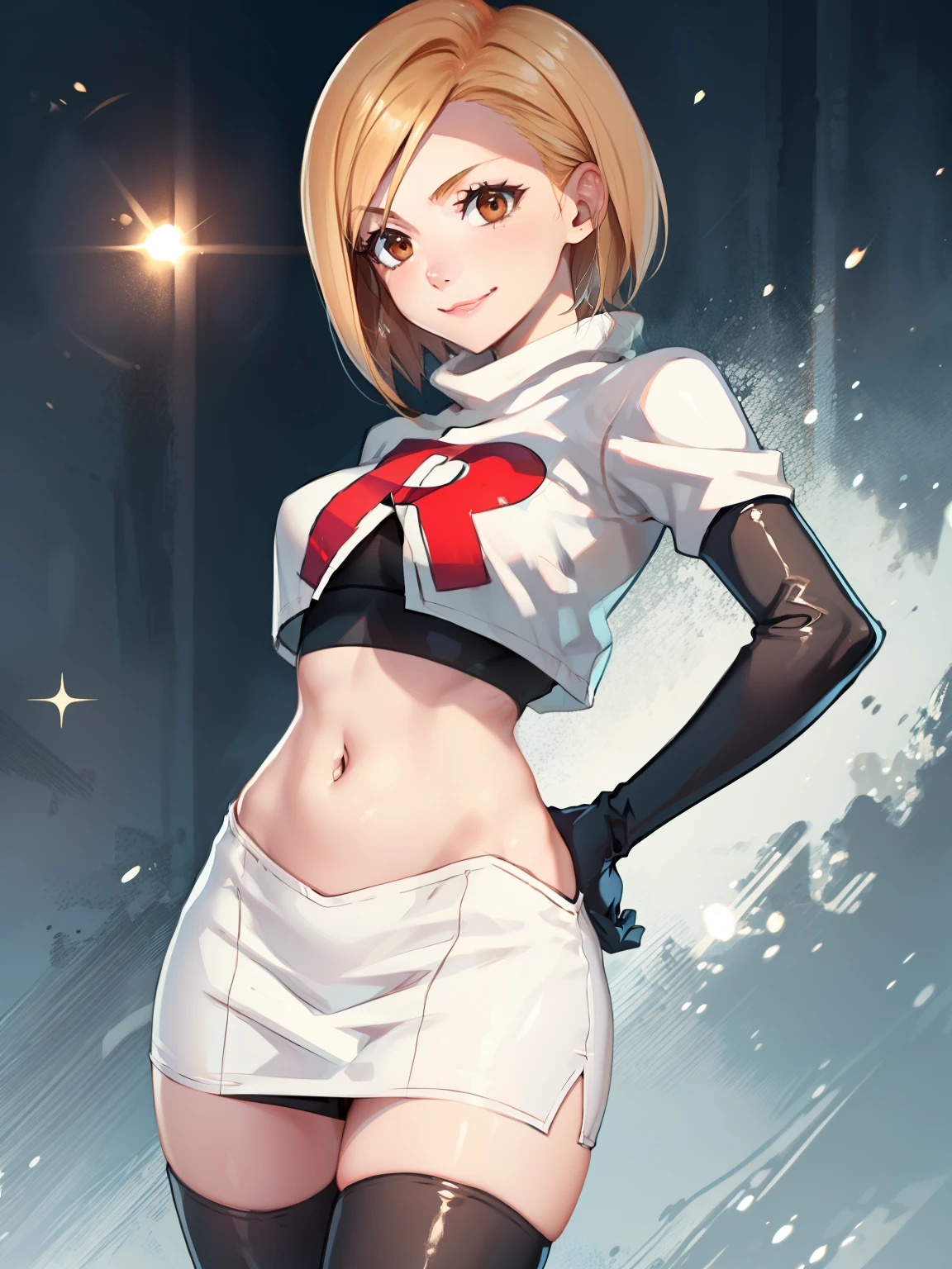 ZeldaTOTK, team rocket,team rocket uniform, red letter R, white skirt,white crop top,black thigh-highs,black elbow gloves, sinister villianess look,