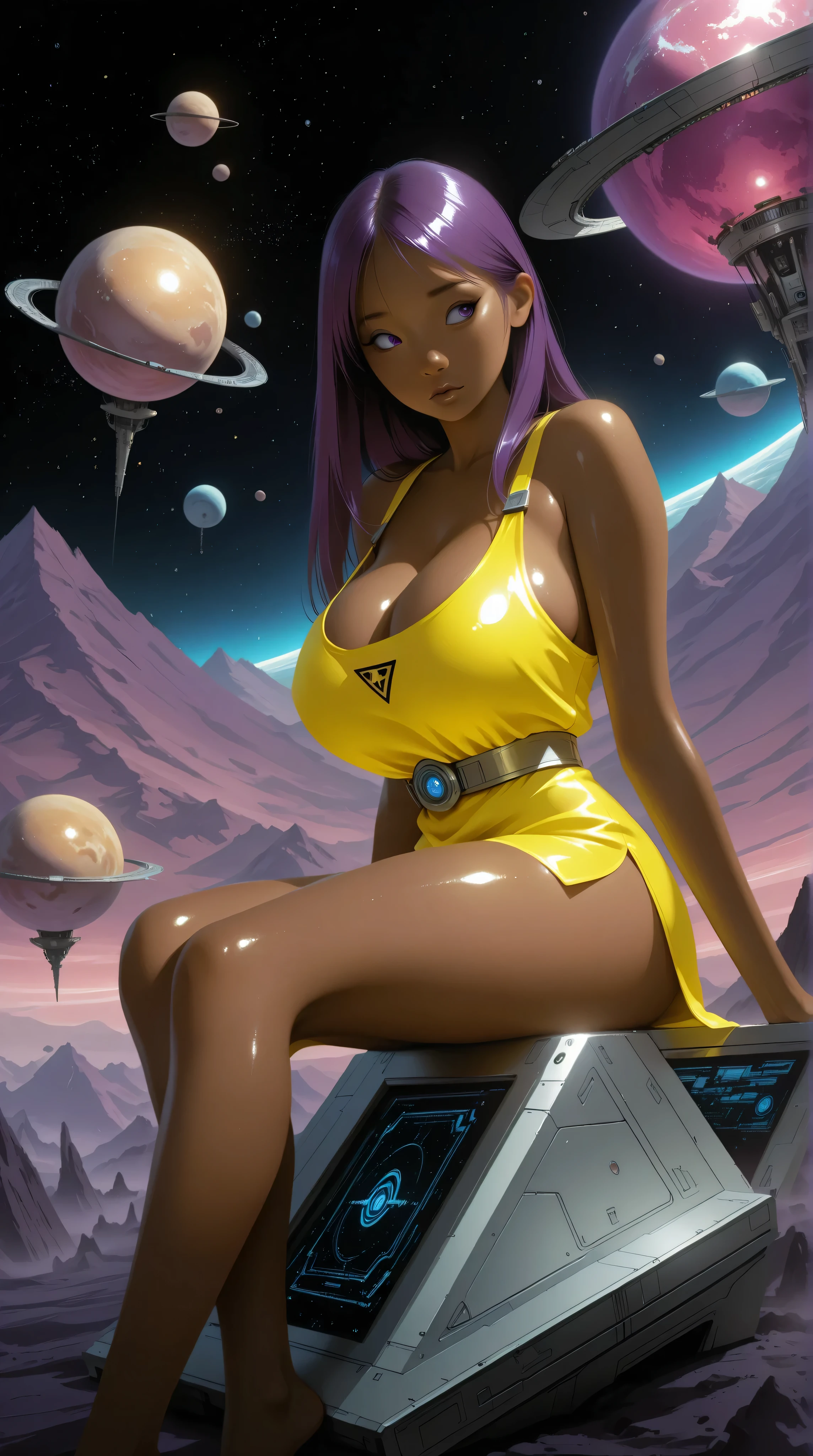 ((best quality)), ((masterpiece)), (detailed), perfect anime waifu girl face, long straight purple hair, neon yellow tunic with a futuristic emblem, brown skin, shiny skin, purple eyes, cute but tough, strange planet, pyramid shaped mountains, strange natural structures, surreal, in the illustrative style of moebius, spaceships, fantasy, sci-fi, graphic novel, line drawing, french retro, Kizi，eyes looking off to side, Highly detailed, Amazing work，Vitreous luster, purples，(((neon yellows))), Best quality at best，shiny skin, neon yellow aky, huge breasts, cleavage, sitting, sexy, 