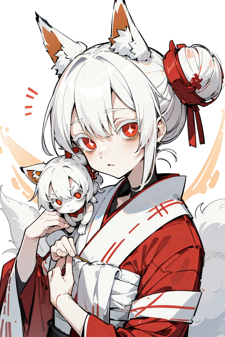 ( kitsune girl in red and white yukata,  with red eyes ,  white hair bandage on the eyes,  tied in a bun , fox white ears .