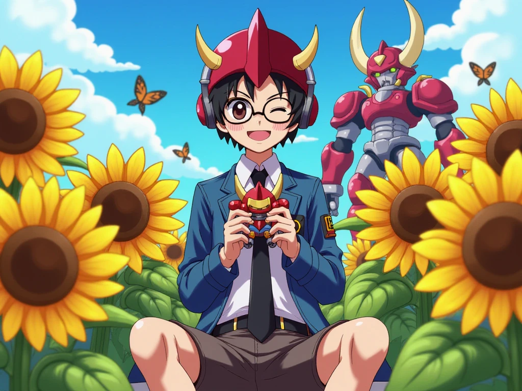 An anime-style cheerful young man with black hair, dark brown round eyes with dark circles around eyes, and a lively expression wearing glasses and maroon red armor helmet with headphone. He is sitting outdoors in a bright and sunny sunflower garden, holding a small horned viking golem robot with pride. The character is dressed in a white shirt, with blue jeans jacket, a black tie, and dark grey brown chino shorts. The illustration features vibrant, exaggerated cartoon colors, with sunflowers surrounding him, a big giant megaman-like robot, and butterflies flying around. The young man appears with a strong and confident posture, creating a fun and joyful cartoon aesthetic. Smiling, blushing a little bit, and winking one eye.