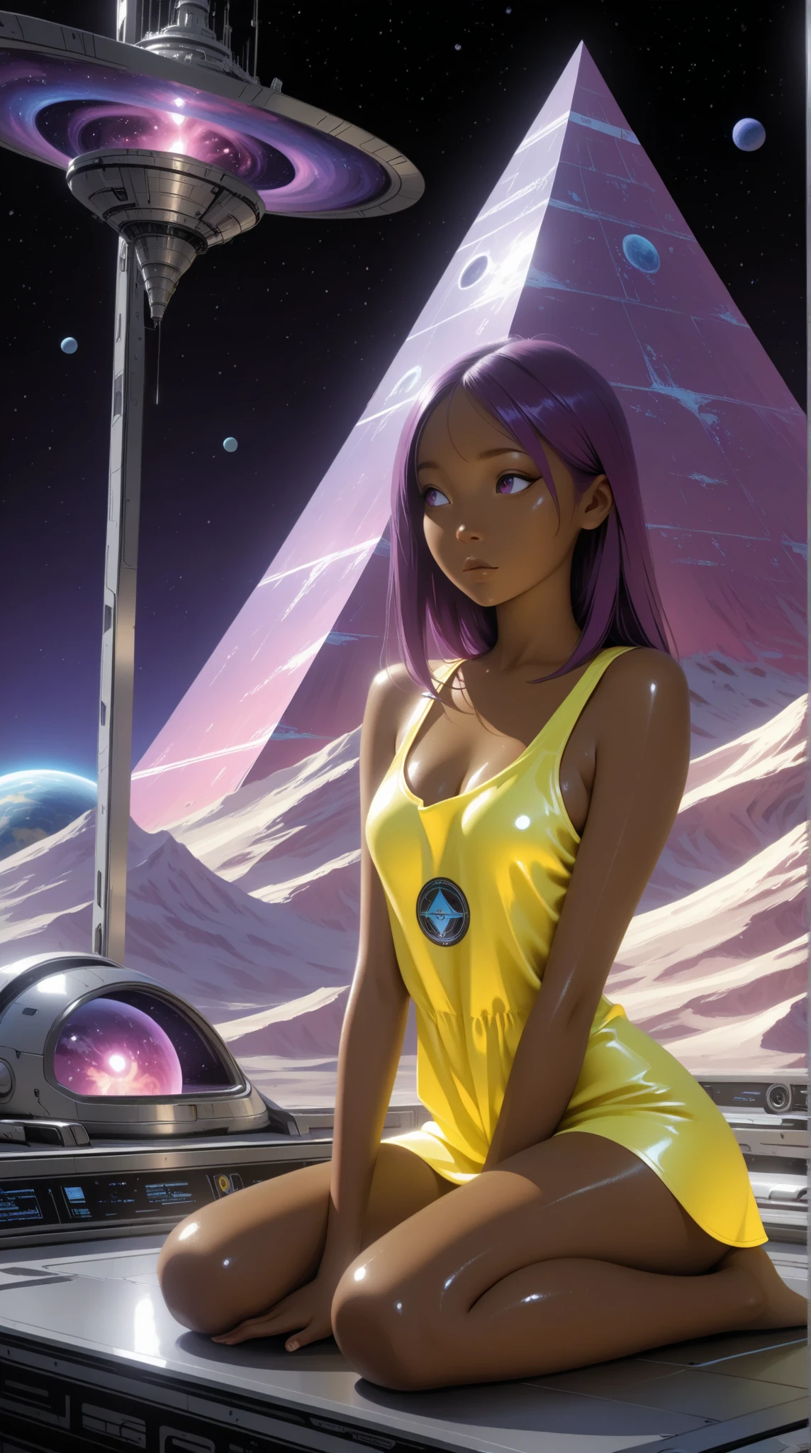 ((best quality)), ((masterpiece)), (detailed), perfect anime waifu girl face, long straight purple hair, neon yellow tunic with a futuristic emblem, brown skin, shiny skin, purple eyes, cute but tough, strange planet, pyramid shaped mountains, strange natural structures, surreal, in the illustrative style of moebius, spaceships, fantasy, sci-fi, graphic novel, line drawing, french retro, Kizi，eyes looking off to side, Highly detailed, Amazing work，Vitreous luster, purples，(((neon yellows))), Best quality at best，shiny skin, neon yellow aky, small breasts, cleavage, sitting, sexy, 