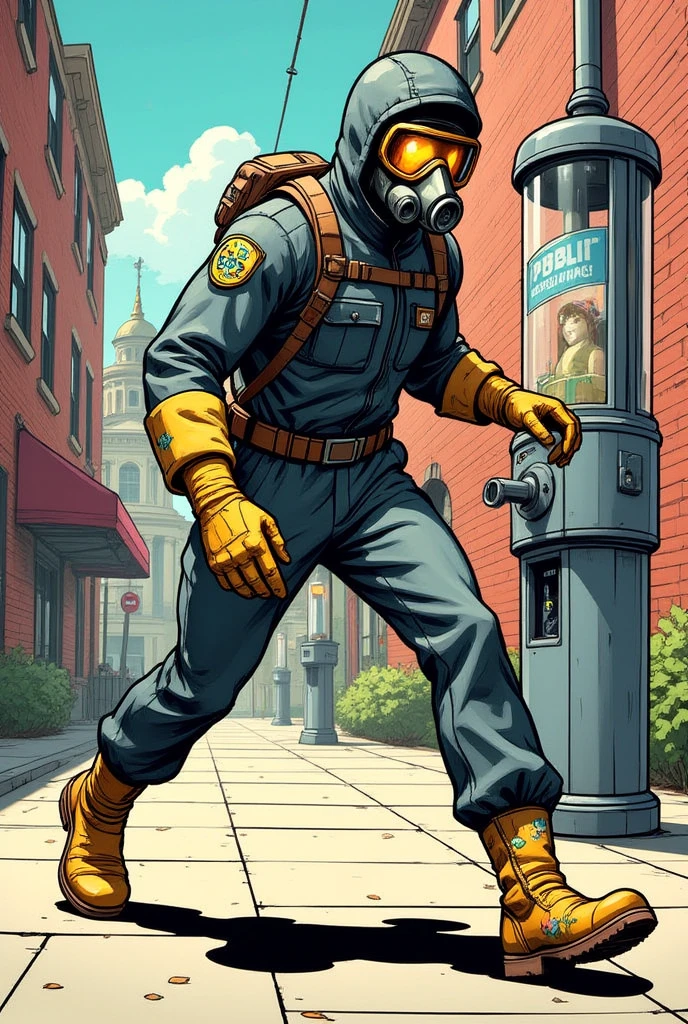  comic hero style character ; dress with ( protective jumpsuit  {gray bluish}), ( toxic gas protection mask), ( Protective glasses), (protective gloves {yellow}),(Drunken boots {with flower print }), sneaking around , Next to the bottom a public drinking fountain