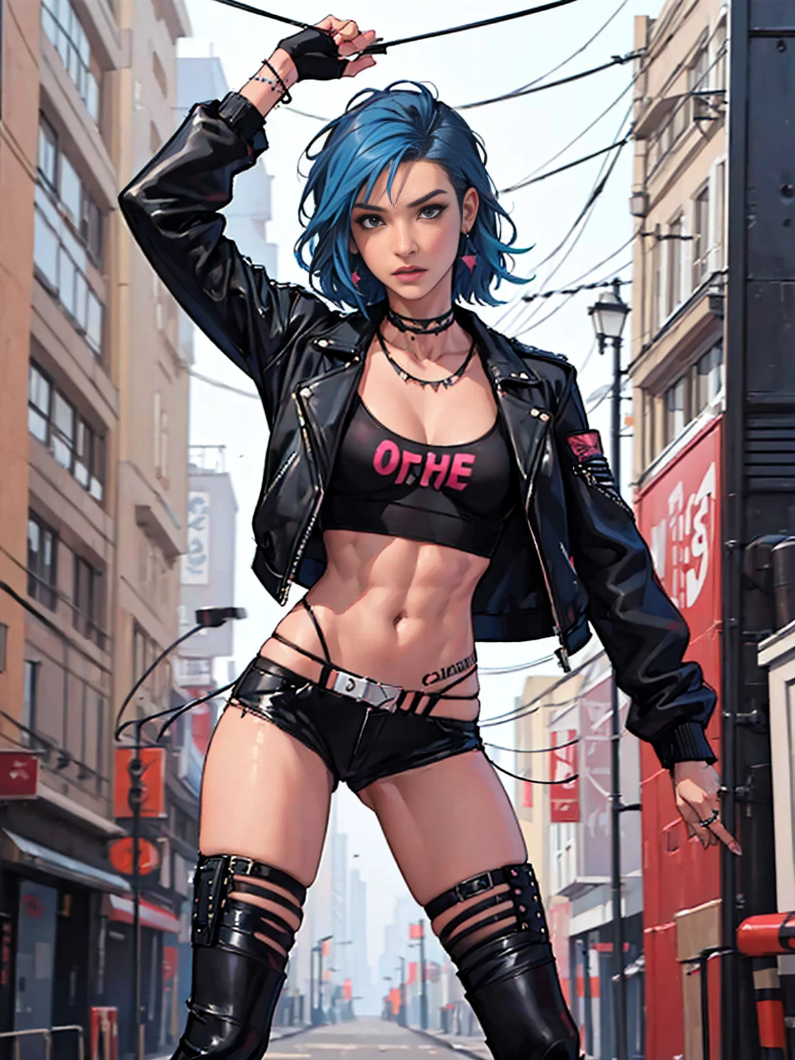 (((of the highest quality: 1.4))),(unparalleled masterpiece ever), (Ultra high definition),(Ultra-realistic 8K CG), offcial art、 (((adult body))), (((1girl in))), , Punk girl with a perfect body, Jacket with metal spines,Beautiful and well-groomed face,,Detailed punk fashion,leather jackets, (Image from head to thigh),(( dark blue hair with black streaks )), Small leather panties, Simon Bisley's urban savage style,Detailed London street background,Clean abs, Complex graphics, Dark pink with white stars and gray and white stripeany poison tattoos )), , chloeprice