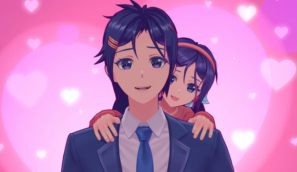 A stylized anime-style portrait featuring a cheerful man in a suit, with a mischievous anime girl standing behind him. The man has a friendly expression, with a slightly raised eyebrow and a smirk. The anime girl has vibrant purple hair, large expressive eyes, and a playful grin, leaning over the man's shoulders while gesturing towards him. The background is filled with glowing pink and purple hearts, giving a romantic and energetic vibe. The entire image is bright, vibrant, and highly detailed, with a polished, digital painting finish.

Style Details:

Character design: Bright anime aesthetic with smooth shading.
Background: Romantic glowing hearts in soft pink and purple tones.
Lighting: Soft but vibrant, emphasizing the playful and fun atmosphere.
Expression: Playful and warm, with dynamic poses.