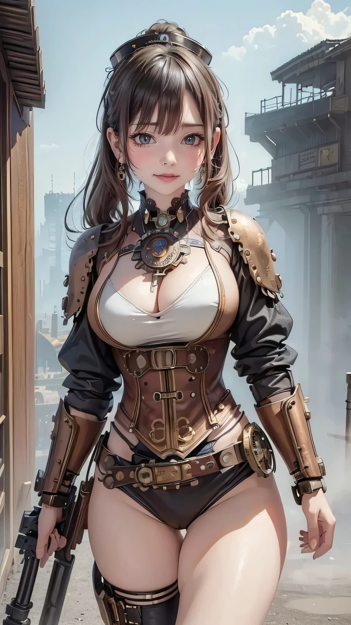 ((highest quality, 8k, masterpiece :1.3)), One girl, smile, (((Woman warrior:1.2, Detailed Weapons, Combat Uniform))), (((steampunk))), city, Crowded buildings, exposed gear and pipes, gear, (Thick Pipe), Covered Bridge, Gloomy Weather, chimney, Awkward mechanical device, irregular buildings,