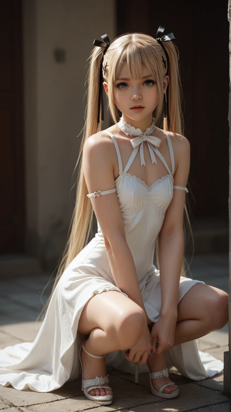 The most beautiful pretty cute faces、Russian beauty girl、bright expression、Very long and beautiful straight hair、half ponytail、Beautiful blonde hair shining golden、The most beautiful girl in the world、Sexy cute beautiful 、bright big pale blue eyes、snow-white shiny skin、shiny beautiful skin、dazzling gloss of cheeks、long bangs swaying in front of the face、Transparent beautiful natural blonde silky soft hair、 flying_sweatdrops, sleeveless_dress, garter_straps, petite, little, flat_chest, skinny,