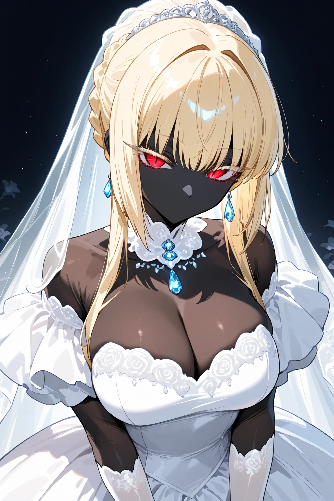 ((masterpiece:1.3, highres, 8k wallpaper)), (black lady:1.3, no mouth:1.3, black body, black, black, black skin, blond bob cut, cool beauty eyes, Long eyelashes, Slit eyes:1.4, Cold Eyes, Narrow eyes, Pure white wedding dress:1.4, Intricate and beautiful embroidery:1.4, Beautiful pure white gloves, high light, beautiful effect:1.25