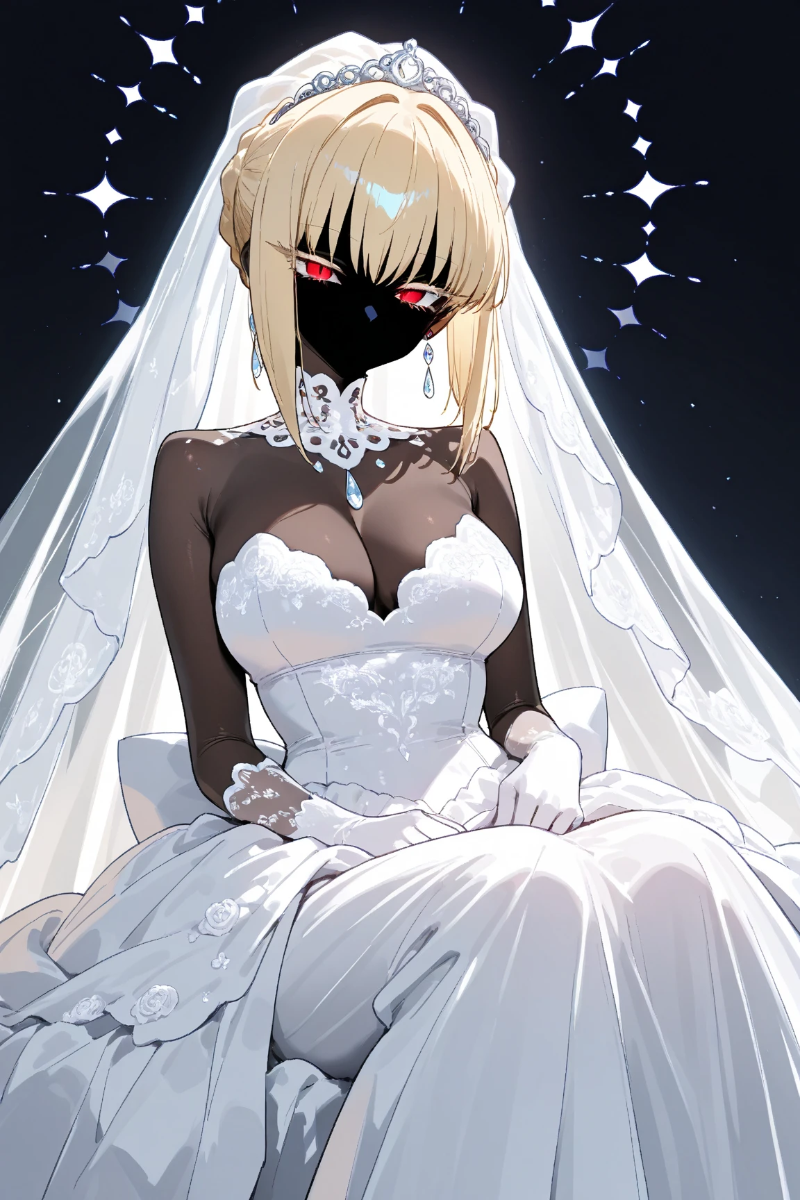 ((masterpiece:1.3, highres, 8k wallpaper)), (black lady:1.3, no mouth:1.3, black body, black, black, black skin, blond bob cut, cool beauty eyes, Long eyelashes, Slit eyes:1.4, Cold Eyes, Narrow eyes, Pure white wedding dress:1.4, Intricate and beautiful embroidery:1.4, Beautiful pure white gloves, high light, beautiful effect:1.25