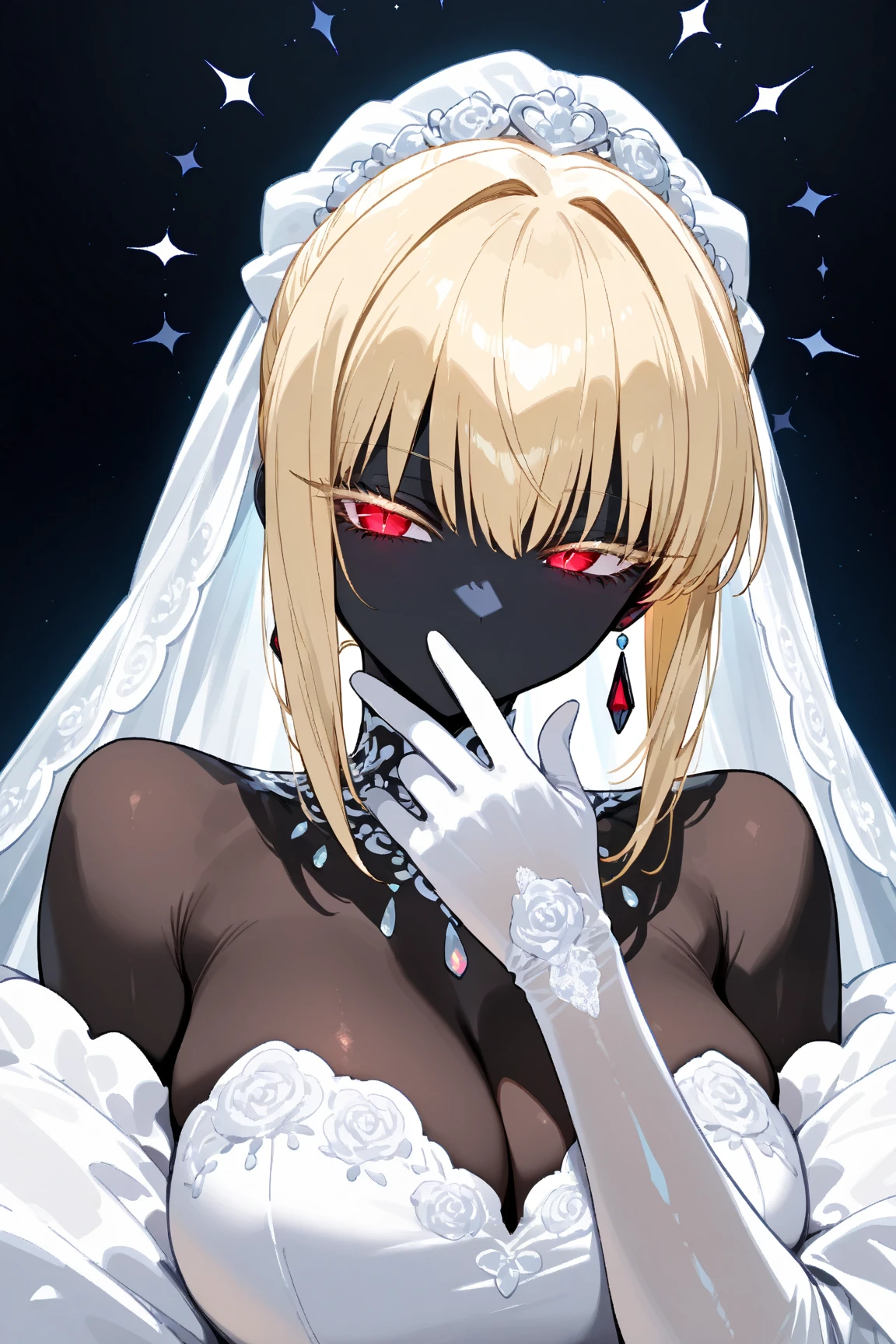 ((masterpiece:1.3, highres, 8k wallpaper)), (black lady:1.3, no mouth:1.3, black body, black, black, black skin, blond bob cut, cool beauty eyes, Long eyelashes, Slit eyes:1.4, Cold Eyes, Narrow eyes, Pure white wedding dress:1.4, Intricate and beautiful embroidery:1.4, Beautiful pure white gloves, high light, beautiful effect:1.25