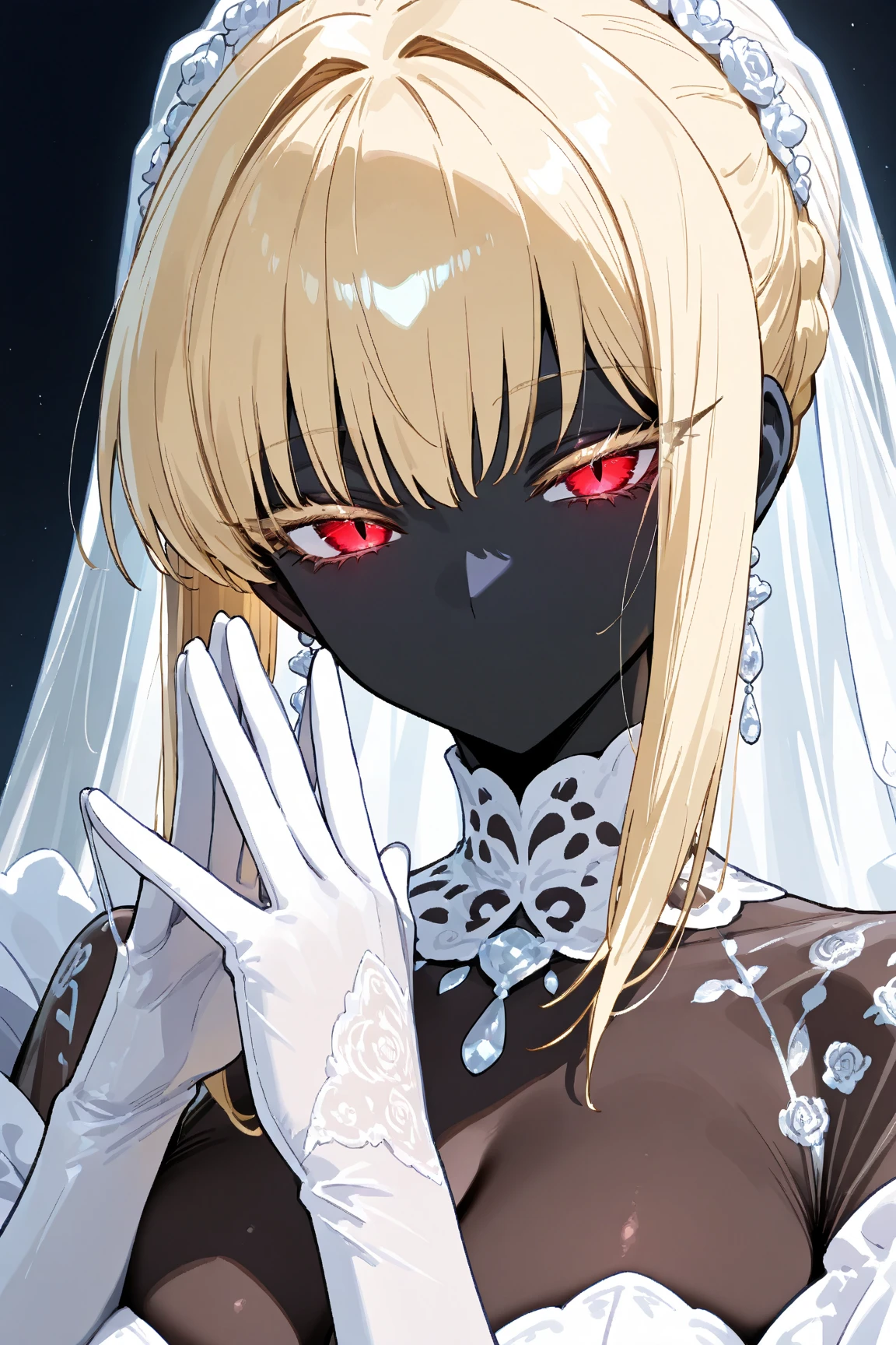 ((masterpiece:1.3, highres, 8k wallpaper)), (black lady:1.3, no mouth:1.3, black body, black, black, black skin, blond bob cut, cool beauty eyes, Long eyelashes, Slit eyes:1.4, Cold Eyes, Narrow eyes, Pure white wedding dress:1.4, Intricate and beautiful embroidery:1.4, Beautiful pure white gloves, high light, beautiful effect:1.25