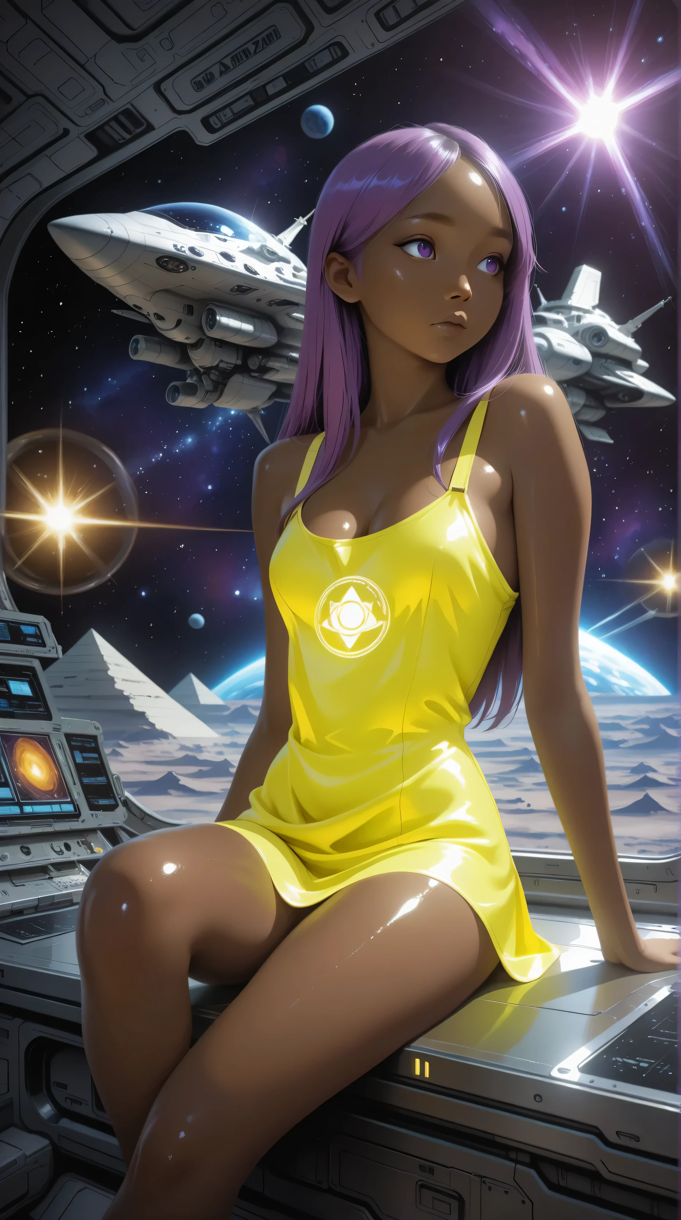 ((best quality)), ((masterpiece)), (detailed), perfect anime waifu girl face, long straight purple hair, neon yellow tunic with a futuristic emblem, brown skin, shiny skin, purple eyes, cute but tough, strange planet, pyramid shaped mountains, strange natural structures, surreal, in the illustrative style of moebius, spaceships, fantasy, sci-fi, graphic novel, line drawing, french retro, Kizi,eyes looking off to side, Highly detailed, Amazing work,Vitreous luster, purples,(((neon yellows))), Best quality at best,shiny skin, neon yellow aky, small breasts, cleavage, sitting, sexy,