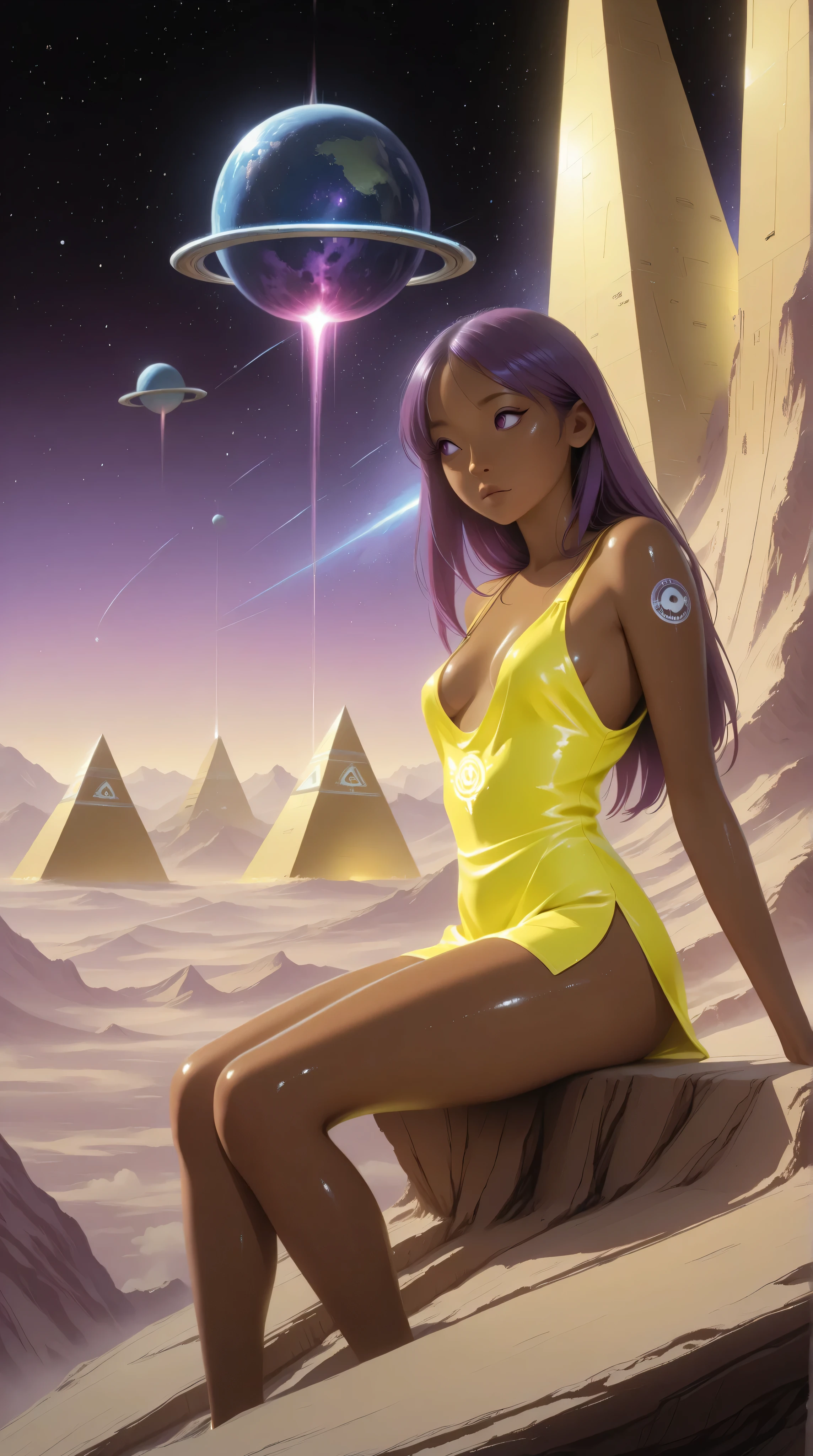 ((best quality)), ((masterpiece)), (detailed), perfect anime waifu girl face, long straight purple hair, neon yellow tunic with a futuristic emblem, brown skin, shiny skin, purple eyes, cute but tough, strange planet, pyramid shaped mountains, strange natural structures, surreal, in the illustrative style of moebius, spaceships, fantasy, sci-fi, graphic novel, line drawing, french retro, Kizi，eyes looking off to side, Highly detailed, Amazing work，Vitreous luster, purples，(((neon yellows))), Best quality at best，shiny skin, neon yellow aky, small breasts, cleavage, sitting, sexy, 