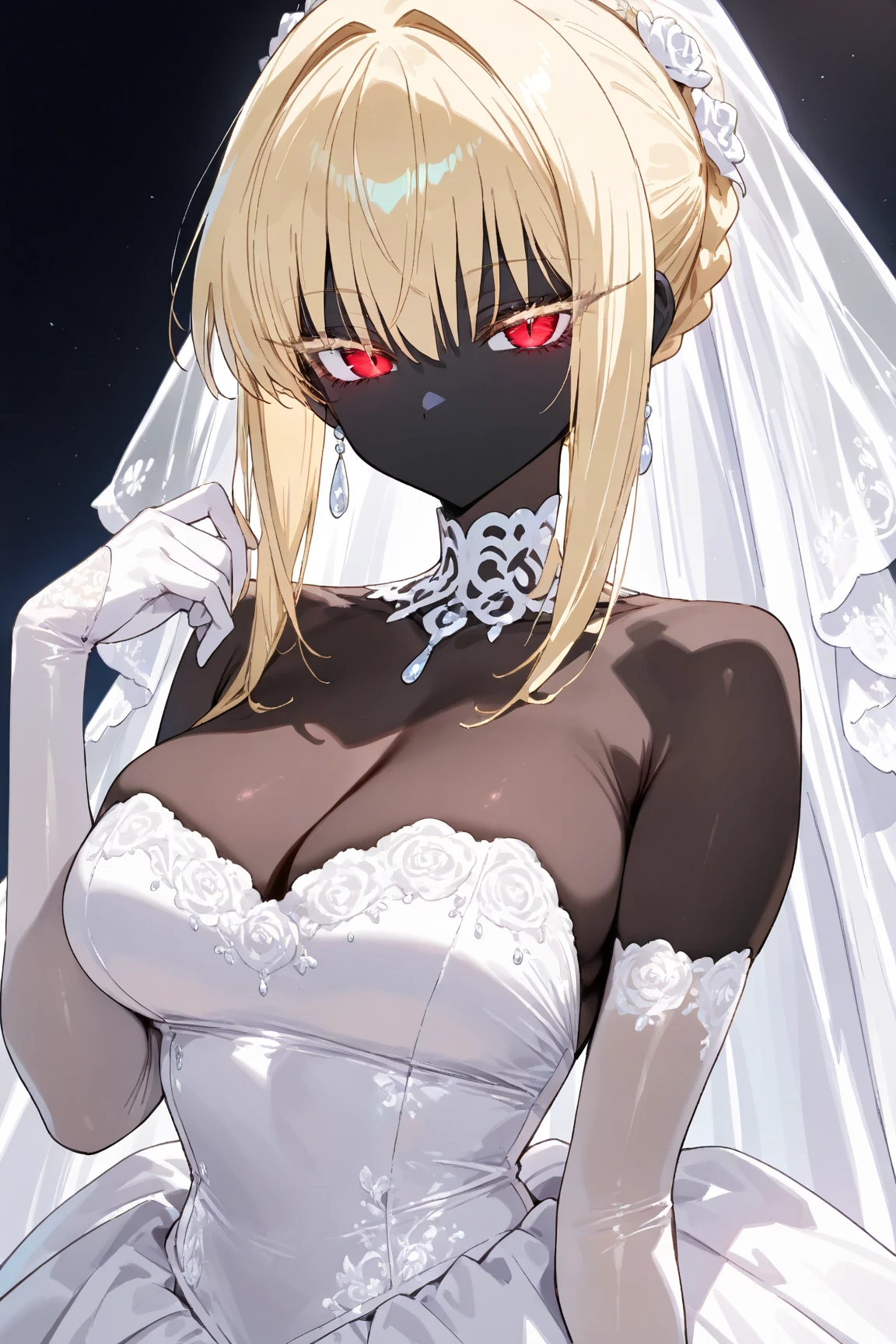 ((Score_9, masterpiece:1.3, highres, 8k wallpaper)), (black lady:1.3, no mouth:1.3, black body, black, black, black skin, blond bob cut, cool beauty eyes, Long eyelashes, Slit eyes:1.4, Cold Eyes, Narrow eyes, Pure white wedding dress:1.4, Intricate and beautiful embroidery:1.4, Beautiful pure white gloves, high light, beautiful effect:1.25