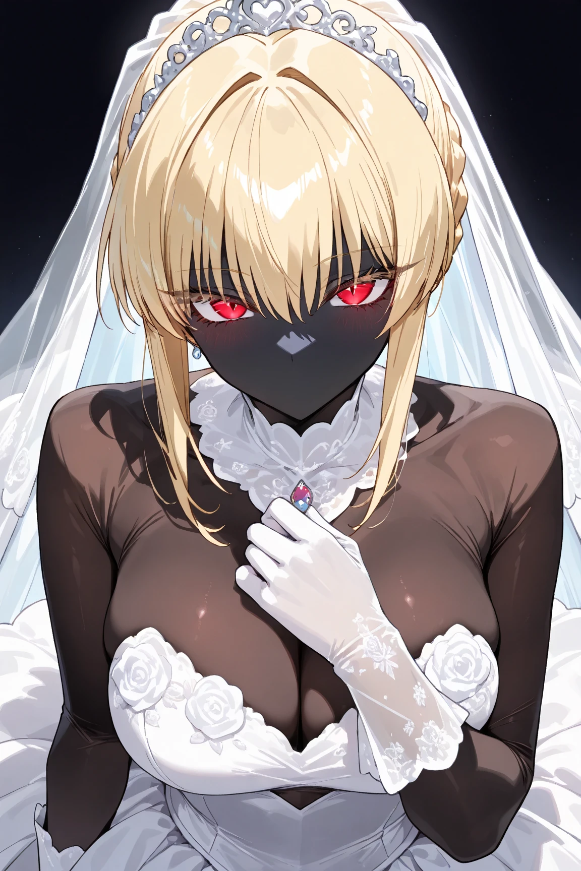 ((Score_9, masterpiece:1.3, highres, 8k wallpaper)), (black lady:1.3, no mouth:1.3, black body, black, black, black skin, blond bob cut, cool beauty eyes, Long eyelashes, Slit eyes:1.4, Cold Eyes, Narrow eyes, Pure white wedding dress:1.4, Intricate and beautiful embroidery:1.4, Beautiful pure white gloves, high light, beautiful effect:1.25