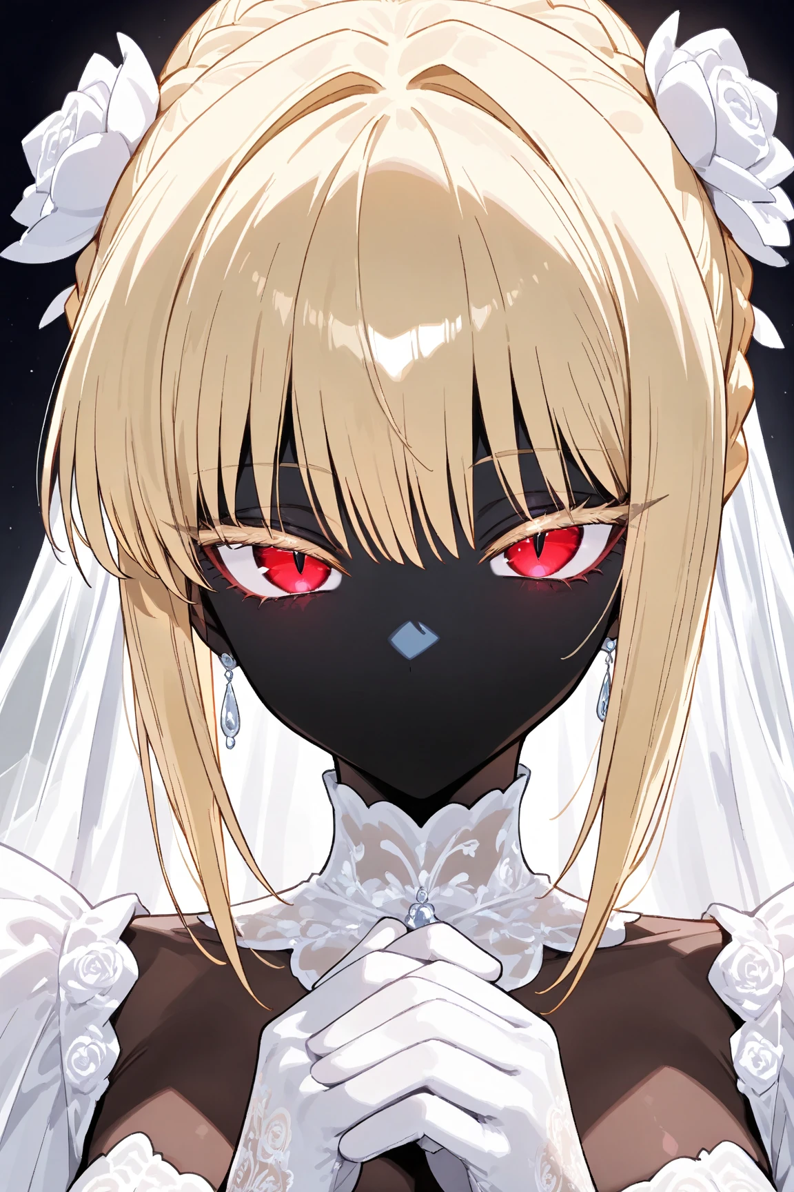 ((Score_9, masterpiece:1.3, highres, 8k wallpaper)), (black lady:1.3, no mouth:1.3, black body, black, black, black skin, blond bob cut, cool beauty eyes, Long eyelashes, Slit eyes:1.4, Cold Eyes, Narrow eyes, Pure white wedding dress:1.4, Intricate and beautiful embroidery:1.4, Beautiful pure white gloves, high light, beautiful effect:1.25