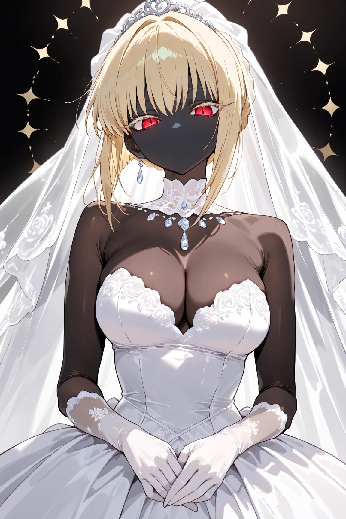 ((Score_9, masterpiece:1.3, highres, 8k wallpaper)), (black lady:1.3, no mouth:1.3, black body, black, black, black skin, blond bob cut, cool beauty eyes, Long eyelashes, Slit eyes:1.4, Cold Eyes, Narrow eyes, Pure white wedding dress:1.4, Intricate and beautiful embroidery:1.4, Beautiful pure white gloves, high light, beautiful effect:1.25