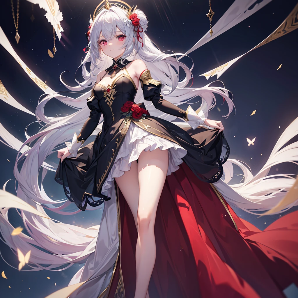 (simple hands:0.5)+(detailed hands:0.7), (masterwork), (best quality), white hair, red eyes,1girl, pale skin, white hair, red eyes, two tone hair, eyelashes, bracelet, jewelry, smile, gleaming skin, shiny hair, detailed and majestic stage, Fantasy, Long Hair, 1 girl, two-tone hair, night sky, Incredibly detailed CG illustration masterpiece, looking at you, anime, beautiful anime eyes, beautiful detailed eyes, eyes, glittering eyes, red eyes, galaxy, nebula, (full body), (curvy),