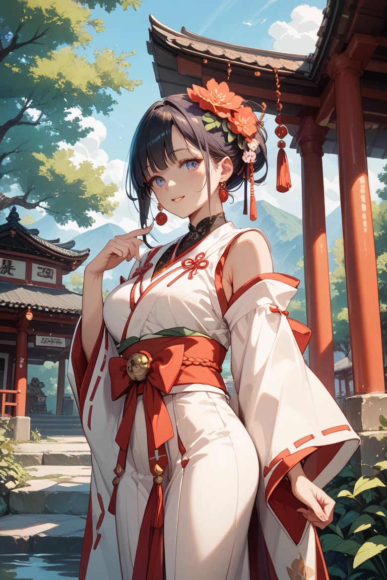 Masterpiece, Best quality, A high resolution, 1girll, sakamata chloe, Solo, whaite hair, Medium breasts, Red eyes, Japanese clothes, multicolored hair, hair adornments, cleavage, Black hair, hair flower, Striped hair, komono, bangs, White kimono, single hair bun, hair stick, Chest sarashi, Budget sarashi, Fang, choker necklace, nipple tassels, thigh band, Wide sleeves, cropped shoulders, Cowboy shot, Shrine, standing, Outdoors, Smile, --auto