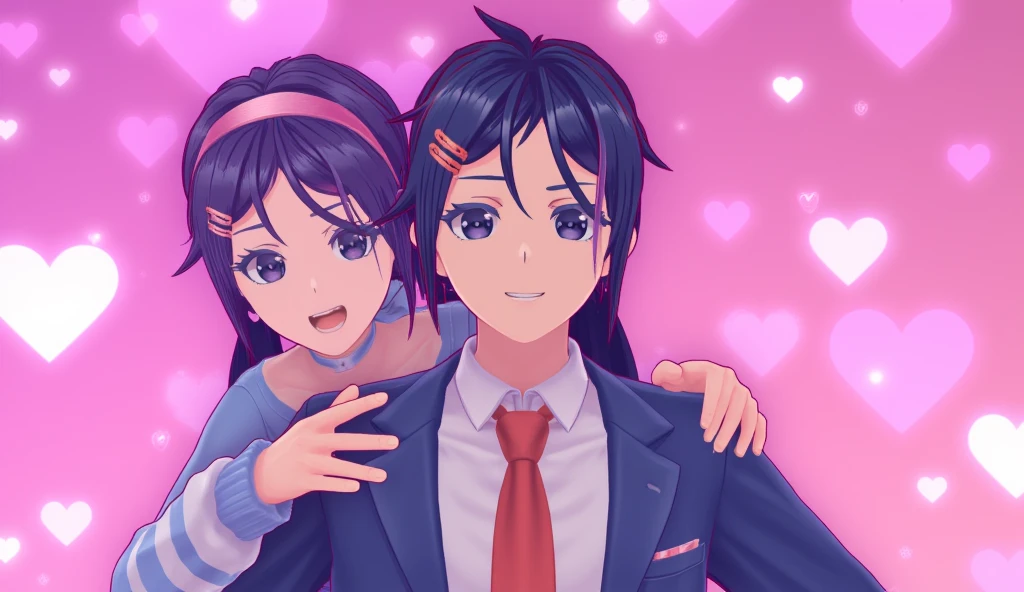 A stylized anime-style portrait featuring a cheerful man in a suit, with a mischievous anime girl standing behind him. The man has a friendly expression, with a slightly raised eyebrow and a smirk. The anime girl has vibrant purple hair, large expressive eyes, and a evil grin, leaning over the man's shoulders while gesturing towards him. The background is filled with glowing pink and purple hearts, giving a romantic and energetic vibe. The entire image is bright, vibrant, and highly detailed, with a polished, digital painting finish.

Style Details:

Character design: Bright anime aesthetic with smooth shading.
Background: Romantic glowing hearts in soft pink and purple tones.
Lighting: Soft but vibrant, emphasizing the playful and fun atmosphere.
Expression: Playful and warm, with dynamic poses.