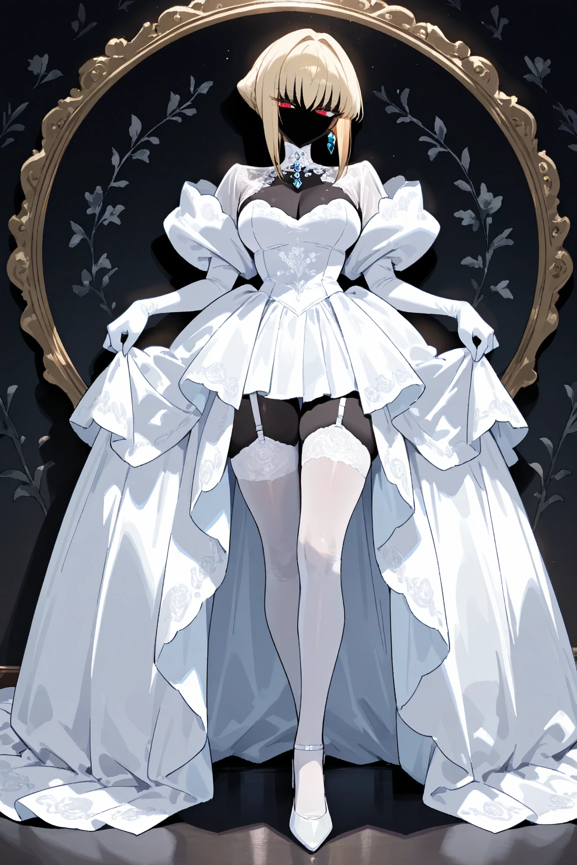 ((masterpiece:1.3, highres, 8k wallpaper)), (black lady:1.3, no mouth:1.3, black body, black, black, black skin, blond bob cut, cool beauty eyes, Long eyelashes, Slit eyes:1.4, Cold Eyes, Narrow eyes, Pure white wedding dress:1.4, Intricate and beautiful embroidery:1.4, White garter stockings, Beautiful pure white gloves, Thin thighs: 1.1, full body, high light, beautiful effect:1.25