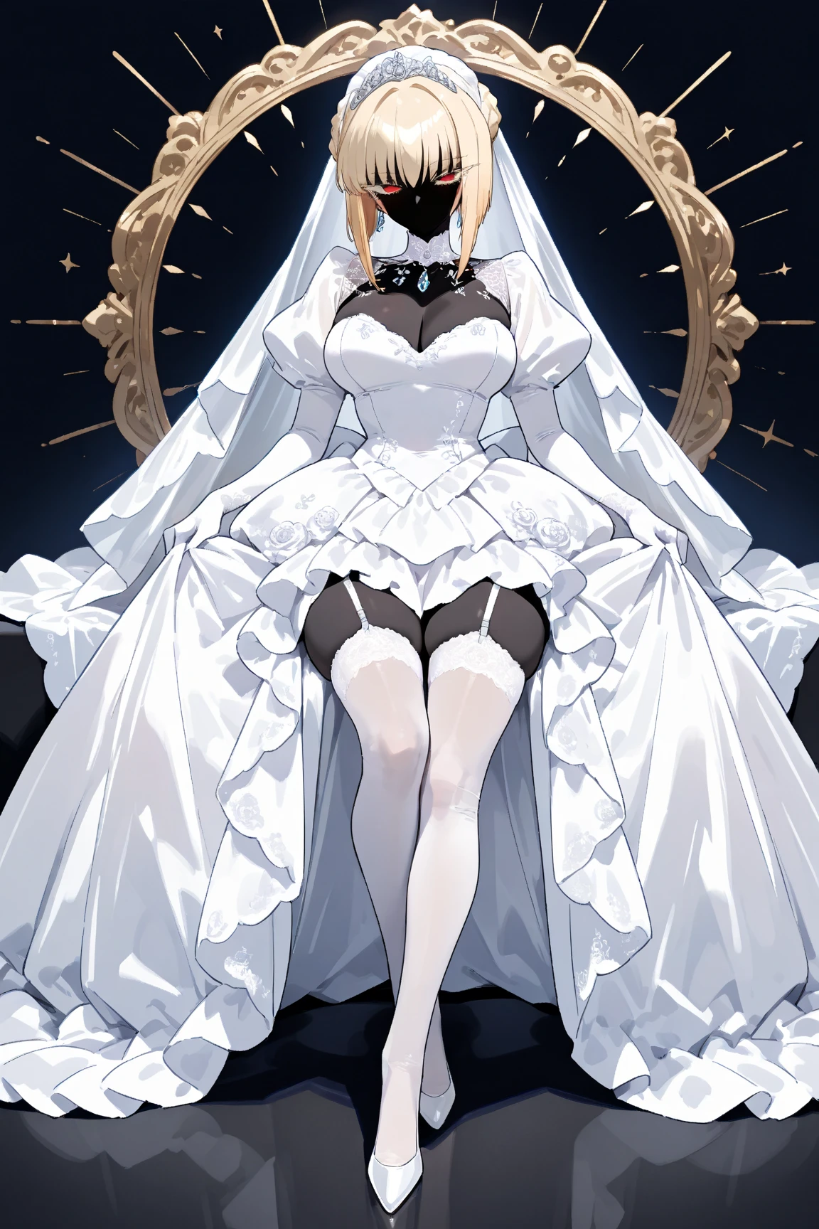 ((masterpiece:1.3, highres, 8k wallpaper)), (black lady:1.3, no mouth:1.3, black body, black, black, black skin, blond bob cut, cool beauty eyes, Long eyelashes, Slit eyes:1.4, Cold Eyes, Narrow eyes, Pure white wedding dress:1.4, Intricate and beautiful embroidery:1.4, White garter stockings, Beautiful pure white gloves, Thin thighs: 1.1, full body, high light, beautiful effect:1.25