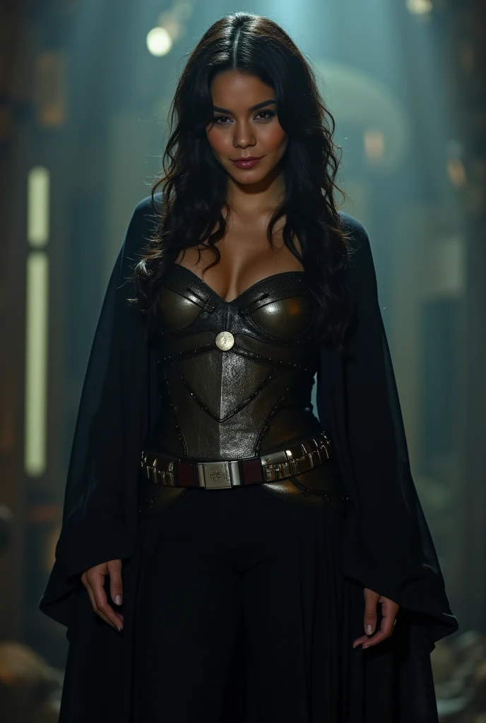 A beautiful woman Adriana Lima under the mantle of the warrior of Eutopia Zarda Shelton aka power Princes Marvel universe Black leather jumpsuit suit that covers her entire body and forearms the suit carries gold under her breasts and waist simulating a belt silver bracelets Diaema lisa on her forehead silver choker on her neck black leather skirt in the style of Wonder Woman 84 Movie