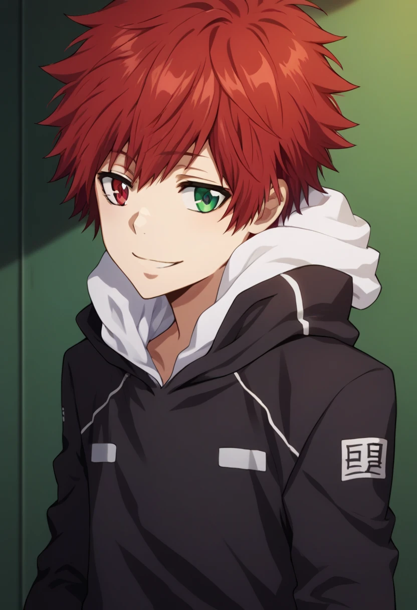 score_9, score_8_up, score_7_up, score_6_up, highly detailed, masterpiece, best quality,detailed,intricate details, amazing quality, best aesthetic, absurdres,source_anime,1 boy,Enma_hyper,red hair,heterochromia,green eye,red eye,Long nape hair,smile,black hoodie clothes with hood