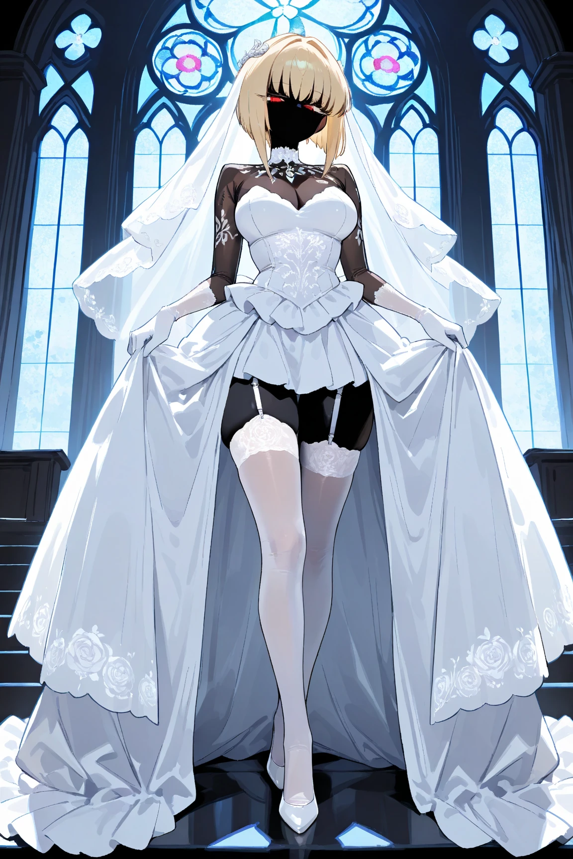 ((masterpiece:1.3, highres, 8k wallpaper)), (black lady:1.3, no mouth:1.3, black body, black, black, black skin, blond bob cut, cool beauty eyes, Long eyelashes, Slit eyes:1.4, Cold Eyes, Narrow eyes, Pure white wedding dress:1.4, Intricate and beautiful embroidery:1.4, White garter stockings, Beautiful pure white gloves, Thin thighs: 1.1, full body, Beautiful stained glass church: 1.2, high light, beautiful effect:1.25