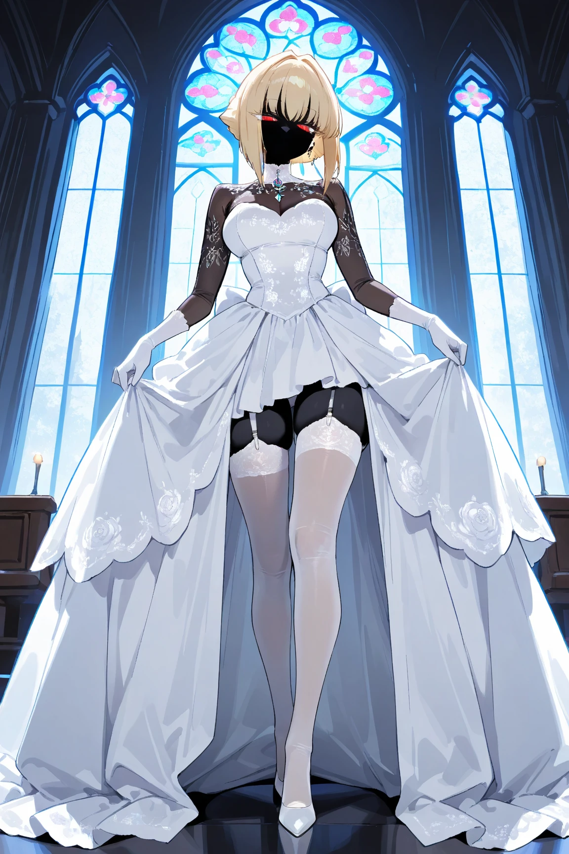 ((masterpiece:1.3, highres, 8k wallpaper)), (black lady:1.3, no mouth:1.3, black body, black, black, black skin, blond bob cut, cool beauty eyes, Long eyelashes, Slit eyes:1.4, Cold Eyes, Narrow eyes, Pure white wedding dress:1.4, Intricate and beautiful embroidery:1.4, White garter stockings, Beautiful pure white gloves, Thin thighs: 1.1, full body, Beautiful stained glass church: 1.2, high light, beautiful effect:1.25