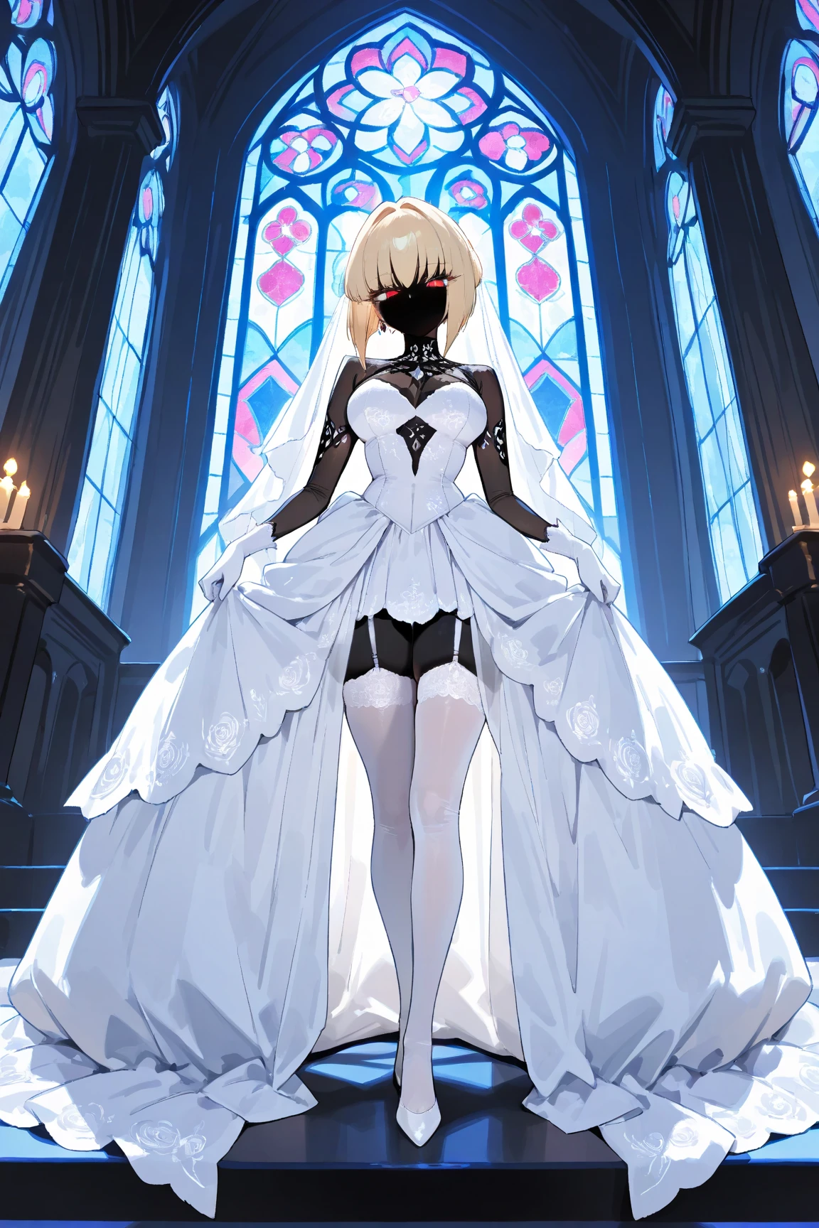 ((masterpiece:1.3, highres, 8k wallpaper)), (black lady:1.3, no mouth:1.3, black body:1.4, black, black, black skin, blond bob cut, cool beauty eyes, Long eyelashes, Slit eyes:1.4, Cold Eyes, Narrow eyes, Pure white wedding dress:1.4, Intricate and beautiful embroidery:1.4, White garter stockings, Beautiful pure white gloves, Thin thighs: 1.1, full body, Beautiful stained glass church: 1.2, high light, beautiful effect:1.25