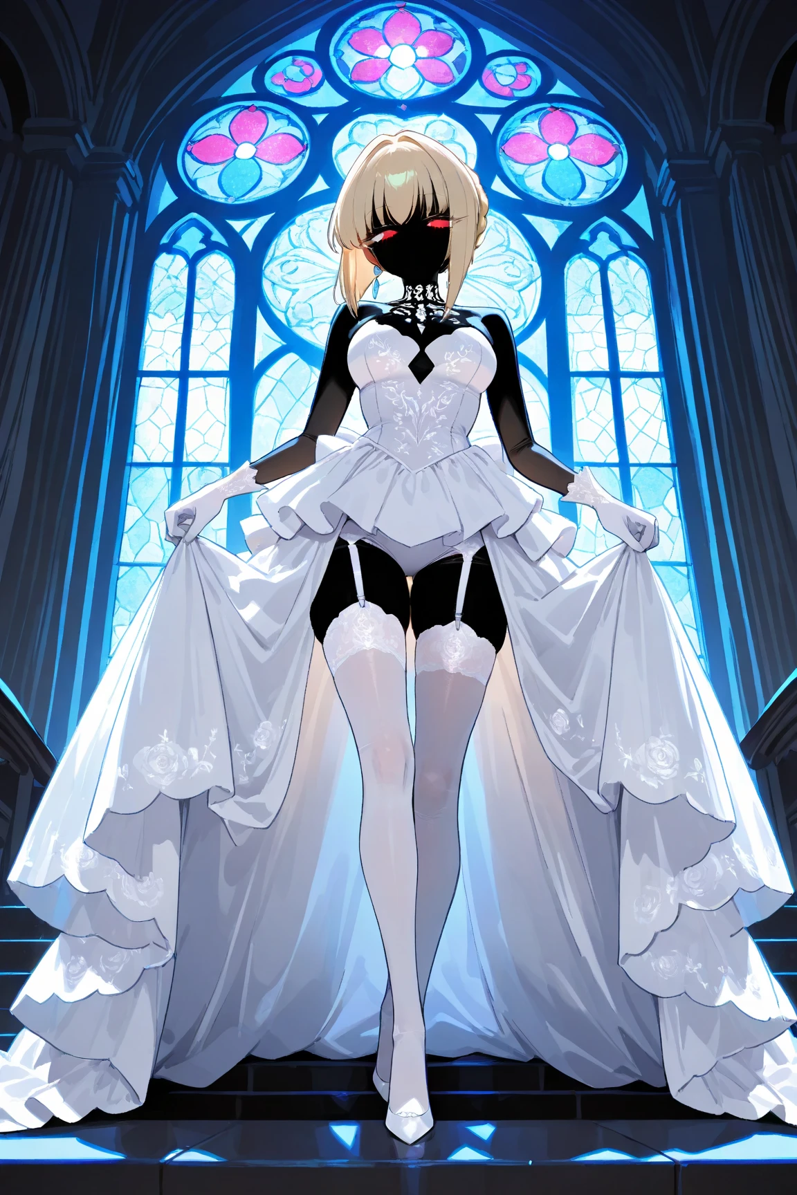 ((masterpiece:1.3, highres, 8k wallpaper)), (black lady:1.3, no mouth:1.3, black body:1.4, black, black, black skin, blond bob cut, cool beauty eyes, Long eyelashes, Slit eyes:1.4, Cold Eyes, Narrow eyes, Pure white wedding dress:1.4, Intricate and beautiful embroidery:1.4, White garter stockings, Beautiful pure white gloves, Thin thighs: 1.1, full body, Beautiful stained glass church: 1.2, high light, beautiful effect:1.25