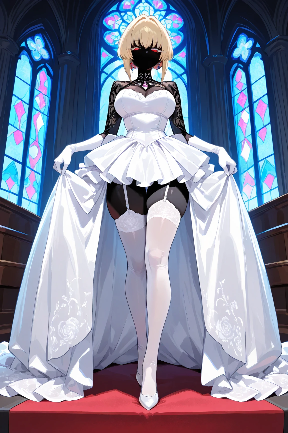 ((masterpiece:1.3, highres, 8k wallpaper)), (black lady:1.3, no mouth:1.3, black body:1.4, black, black, black skin, blond bob cut, cool beauty eyes, Long eyelashes, Slit eyes:1.4, Cold Eyes, Narrow eyes, Pure white wedding dress:1.4, Intricate and beautiful embroidery:1.4, White garter stockings, Beautiful pure white gloves, Thin thighs: 1.1, full body, Beautiful stained glass church: 1.2, high light, beautiful effect:1.25