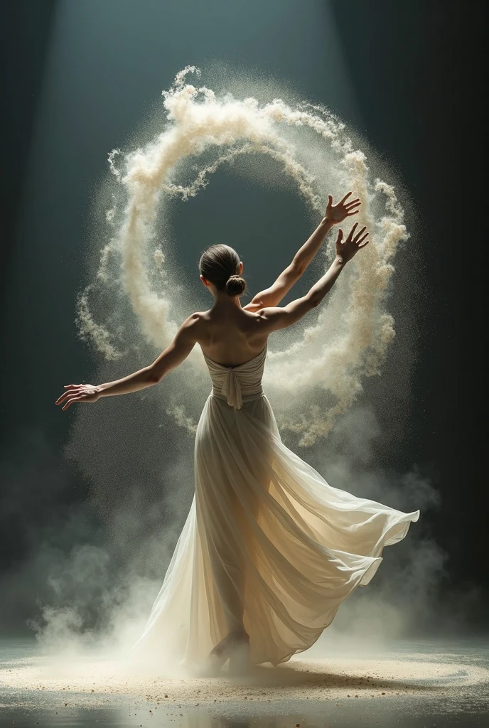 Create a dancer who is dancing gracefully. The dancer's clothes and their shape merge with the white smoke or white mist. The white smoke comes out of the dancer's clothes, forming the word "Pak Ammank", an interesting and magical visual effect. The background is dark, which accentuates the brightness of the white smoke and highlights the silhouettes of the dancers. There is a feeling of movement and fluidity in the images, evoking emotions of freedom and expression. ultra hd 16k
