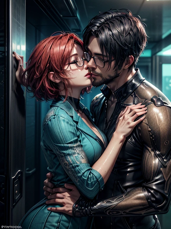 large, plan,  upper body. Short,  red hair,  closed eyes ,  glasses in metal frames, green blazer, turquoise shirt , girl kisses a bearded ,  black-haired man in the elevator. ( masterpiece fails,  top quality ,  Better quality , official art,  beautiful and aesthetic :1.2),  extremely detailed ,( fractal art :1.2), Colorful ,The most detailed. (( skin texture , shiny skin. elegance.  photorealism .  unreal engine .  3d Model.  Ultra high quality textures.  high detail.  8k resolution))